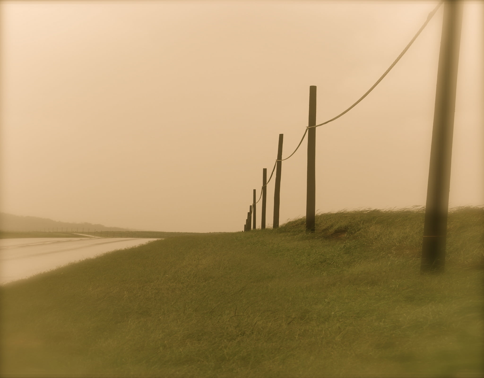 scenics, sunlight, protection, wooden, fog, sky, turbine, tranquility, grass, 1080P, idyllic, rural Scene, beauty in nature, land, dusk, pole, nature, HD Wallpaper
