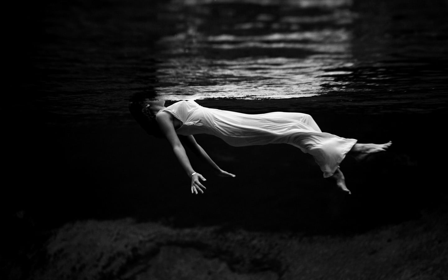 dress, 720P, swimming, brunette, monochrome, adult, water, floating, clothing, sea, young adult, fashion, full length, white dress, Lana Del Rey, beautiful woman, HD Wallpaper