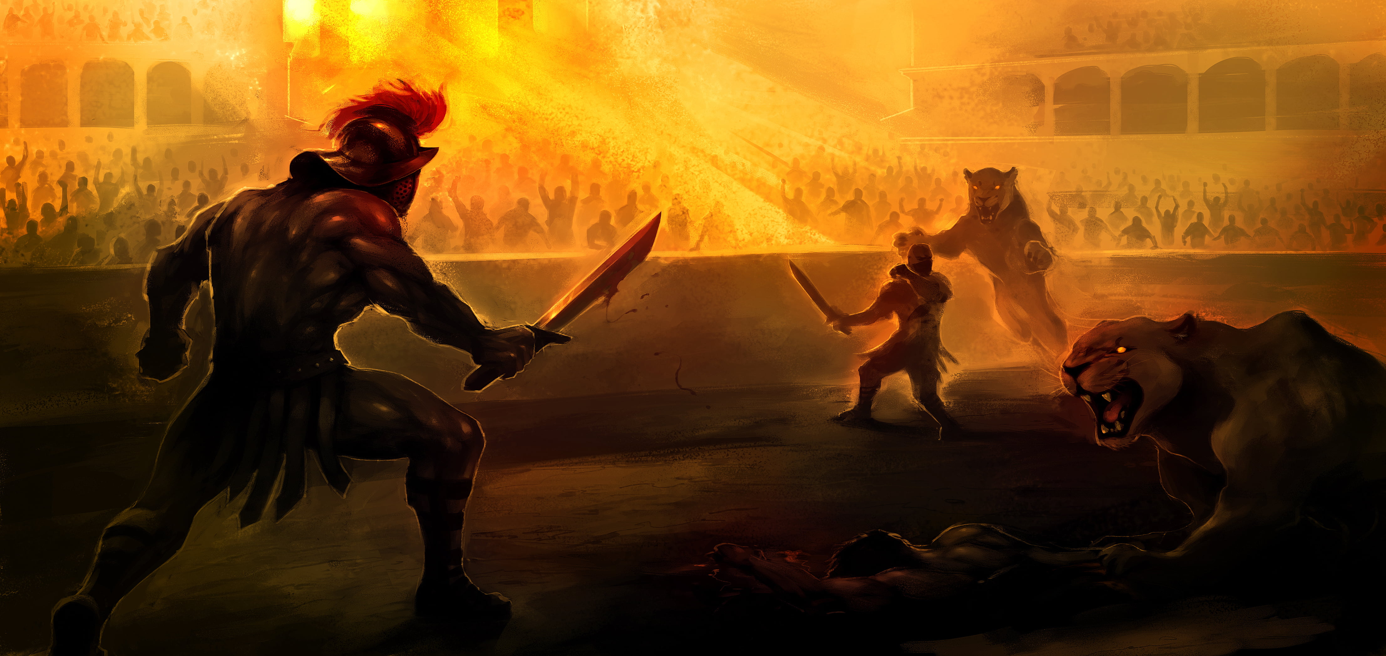 blood, sword, Gladiator, death, lions, Leo, motion, people, battle, fighting, burning, arena, men, activity, fight, flame, nature, Colosseum, warriors, HD Wallpaper