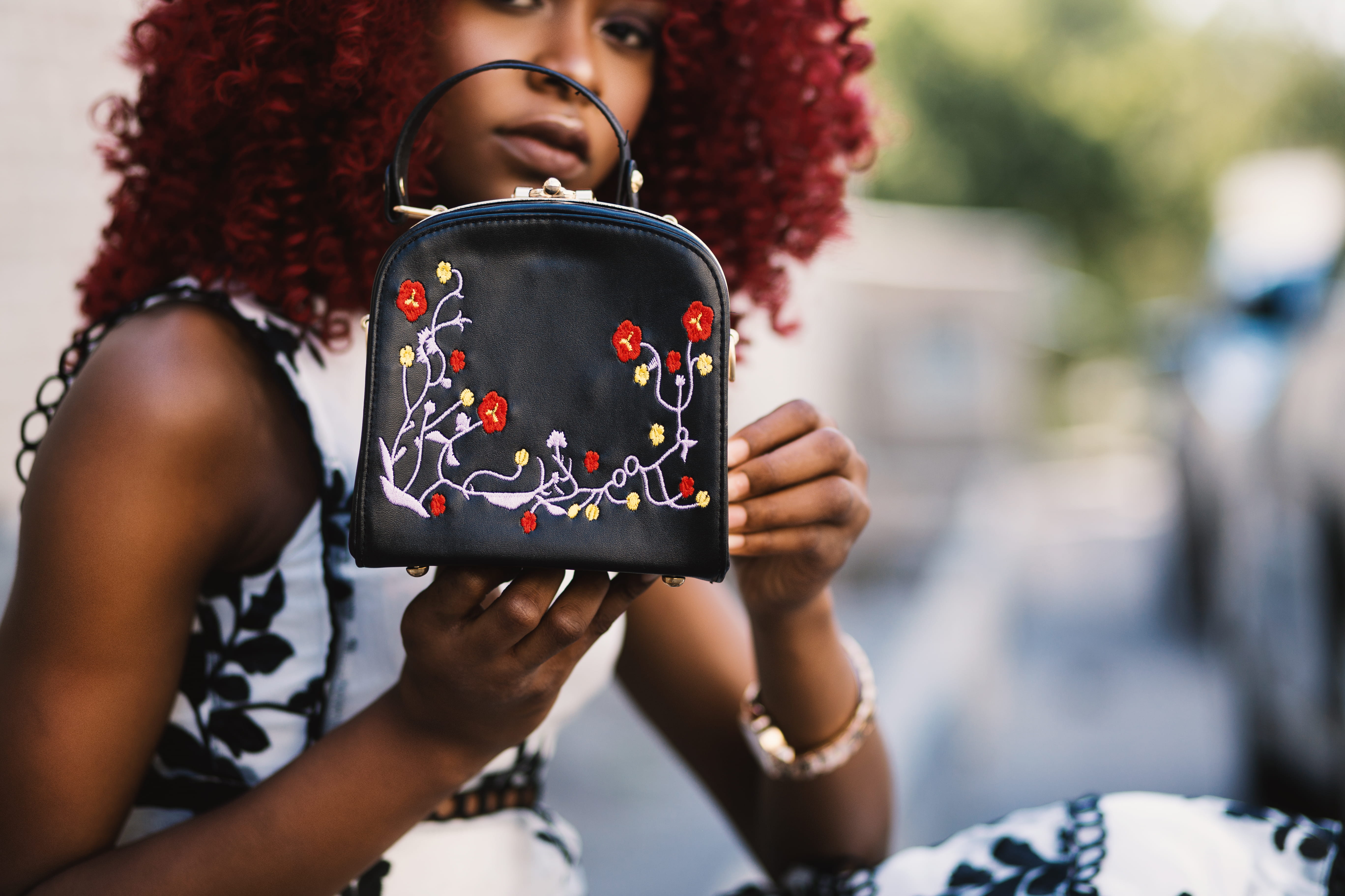 adult, facial expression, woman, wear, young adult, outdoors, front view, pose, fun, portrait, black, person, happiness, emotion, leather, handbag, 5K, HD Wallpaper