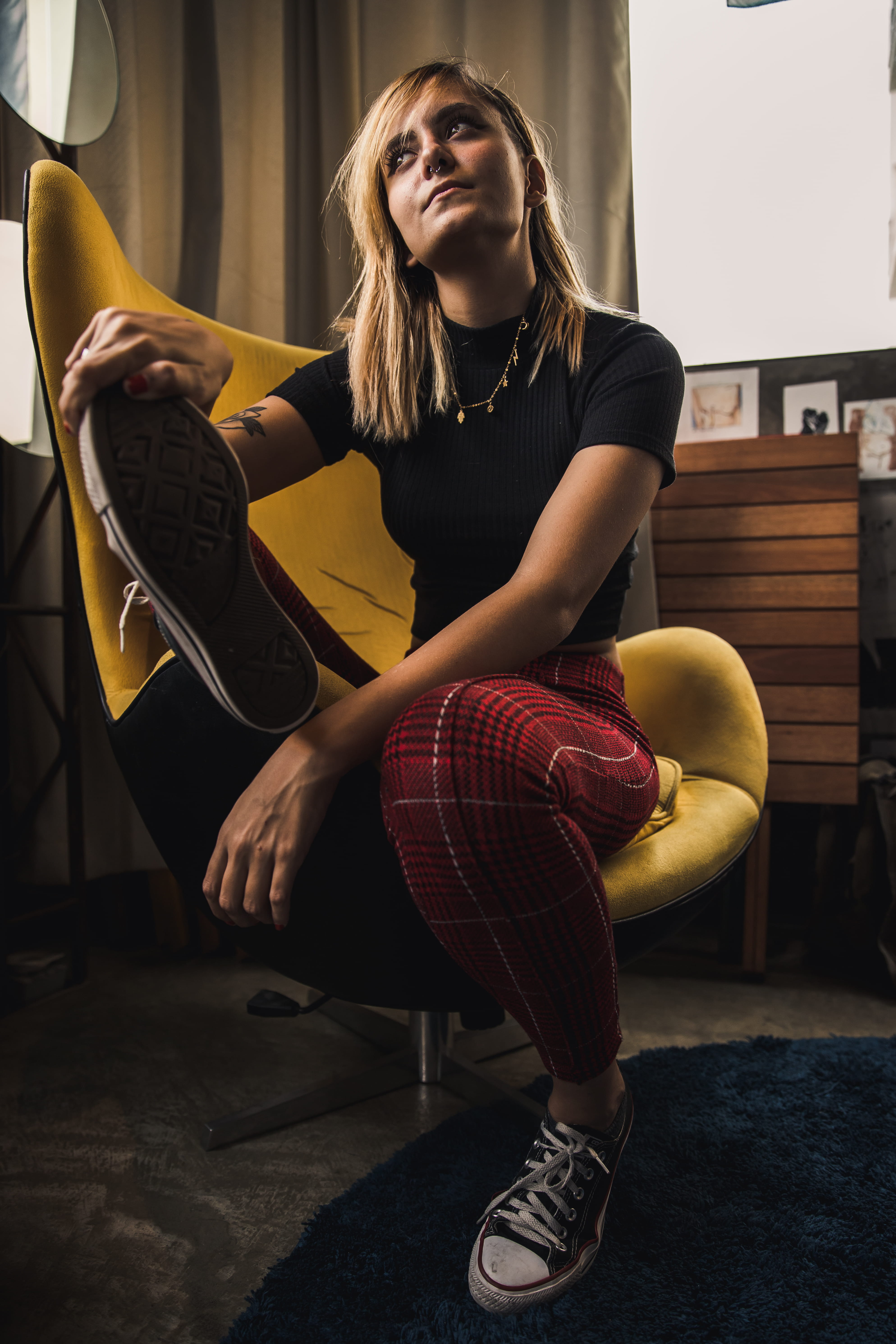 musical instrument, beauty, leisure activity, sitting, human, pretty, close-up, looking at camera, hairstyle, front view, indoors, seat, footwear, casual clothing, Phone HD Wallpaper