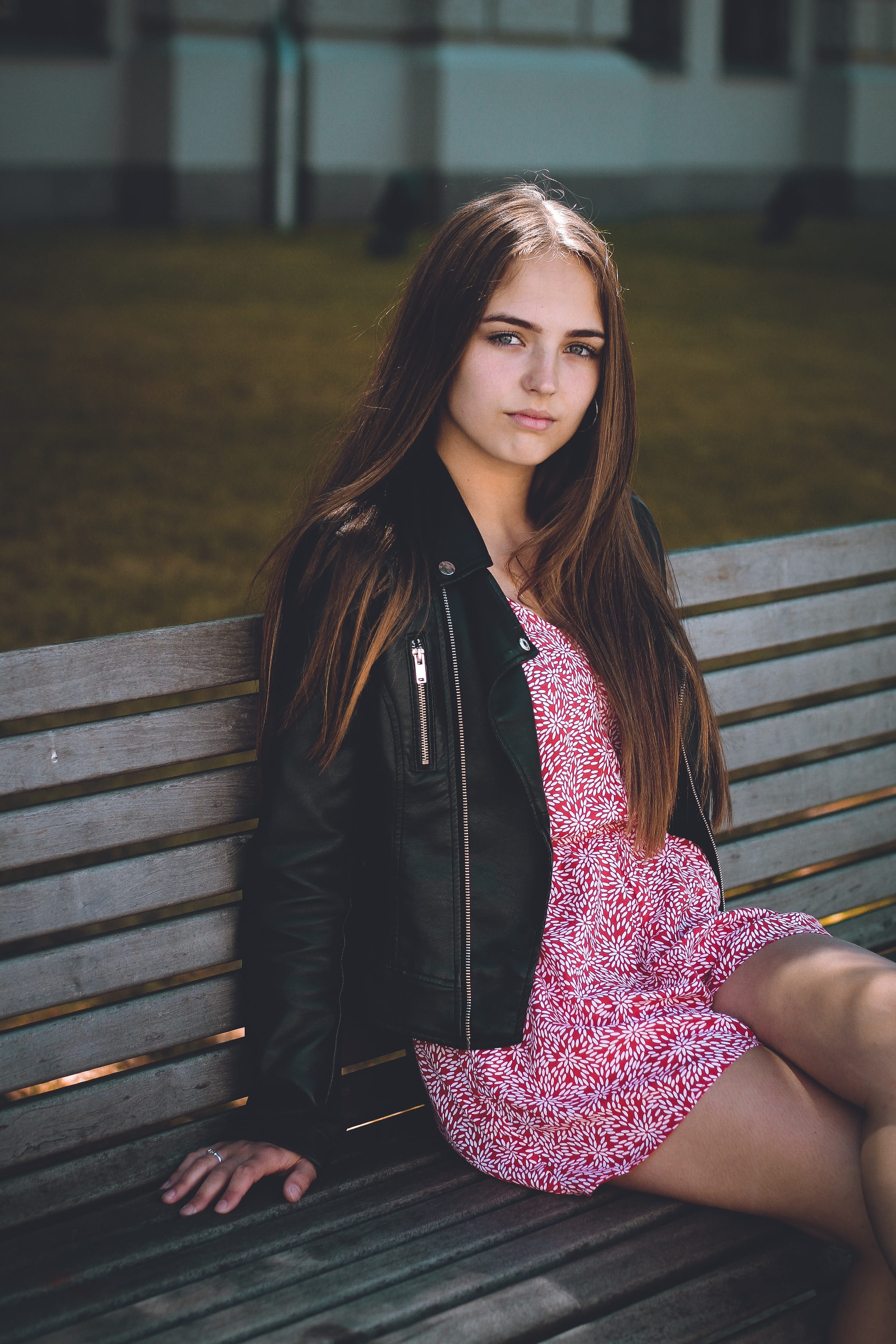 park - Man Made Space, females, leather jacket, style, summer, women, long Hair, looking, casual Clothing, 2K, female, beauty, cute, girls, park, dress, Phone HD Wallpaper