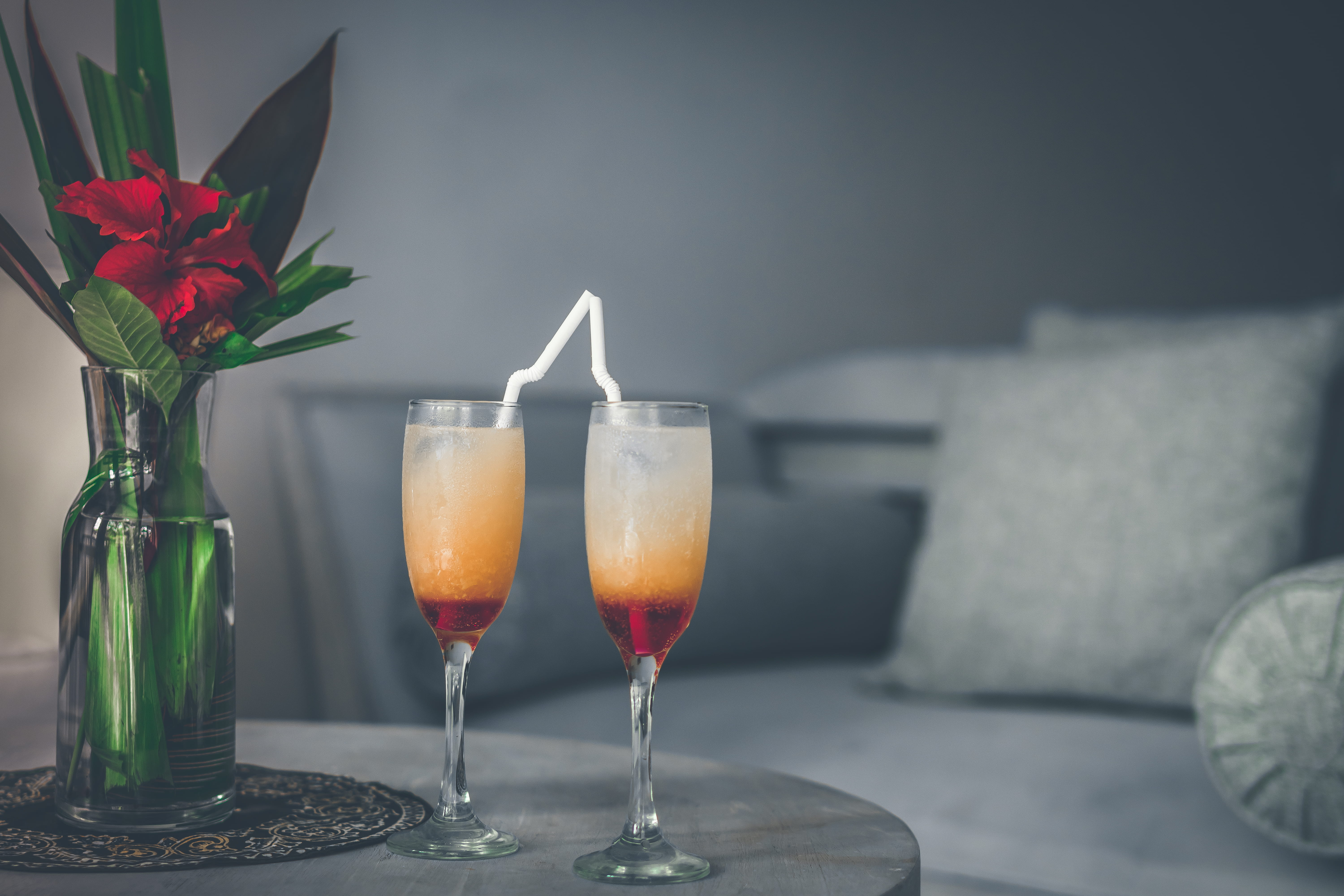 stemmed, plant, luxury, drinking glass, glass, alcohol, food, gray, two, flower, household equipment, flute, freshness, nature, drink, straw, table, clear, HD Wallpaper