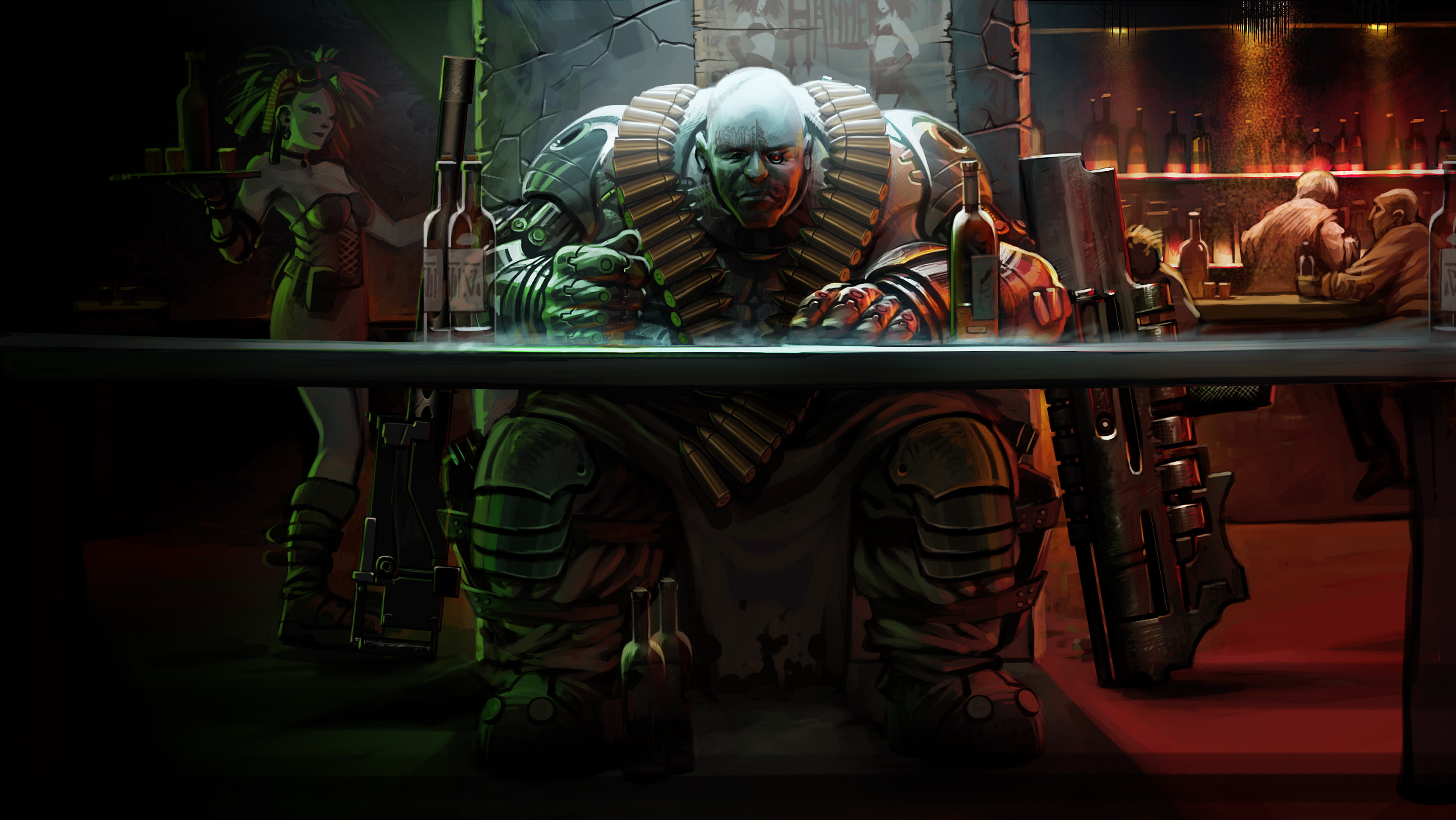 bar, soldiers, hammer, mercenary, bull, 2K, booze, weapons, HD Wallpaper