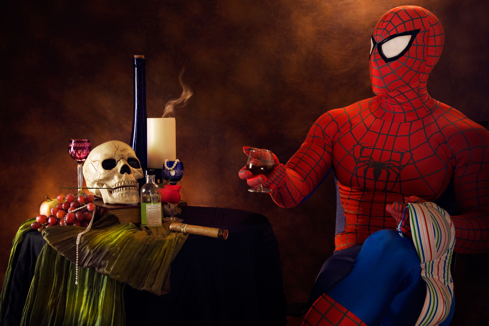 spider-man, booze, humor, skull, 1080P, cigar, HD Wallpaper