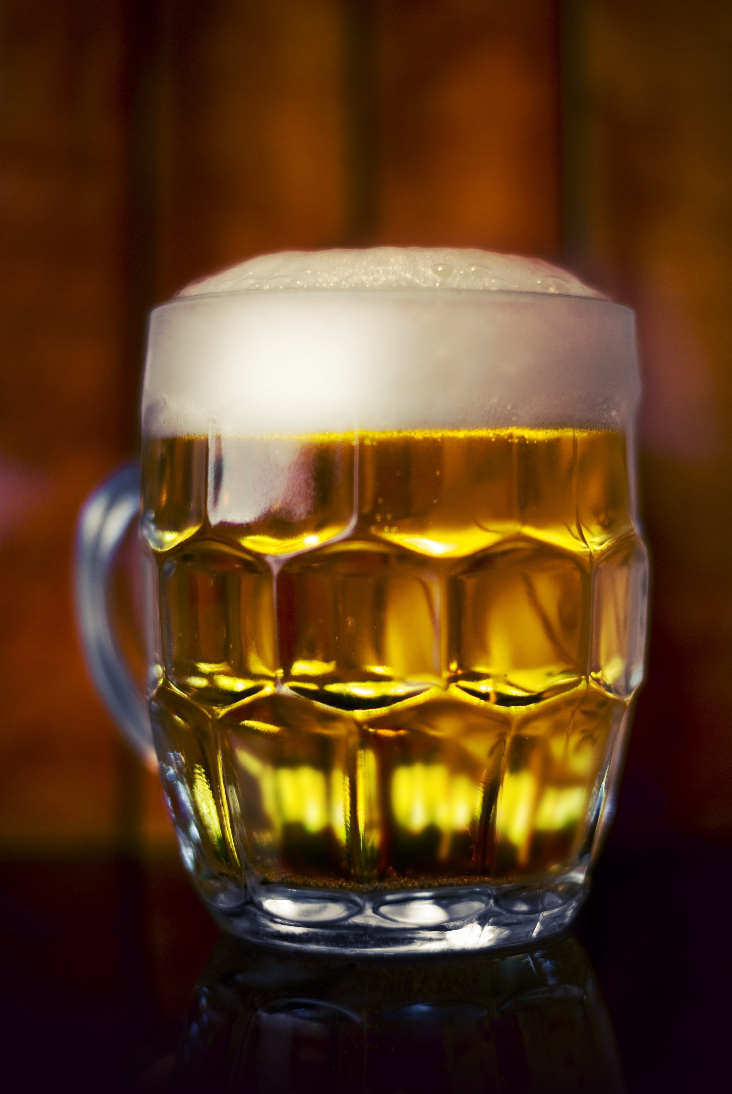 beer, freshness, refreshment, drink, clear, bar, liquor, mug, glass, foam, indoors, filled, 2K, cold, golden, focus on foreground, booze, beer mug, still life, Phone HD Wallpaper