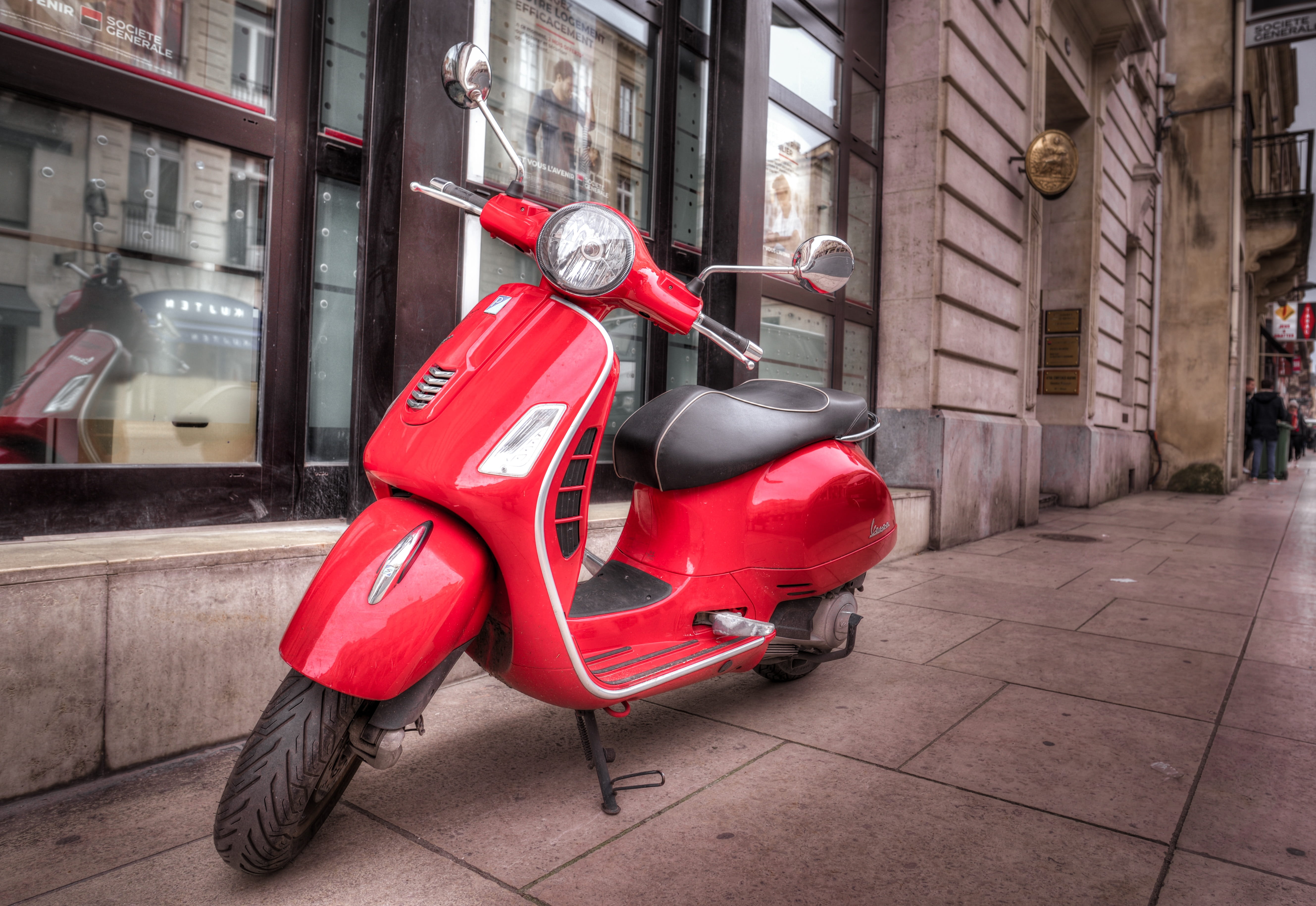 no people, land vehicle, vespa, architecture, street, retro, motor scooter, outdoors, city, sidewalk, vehicle, stationary, travel, parked, day, motorcycle, HD Wallpaper