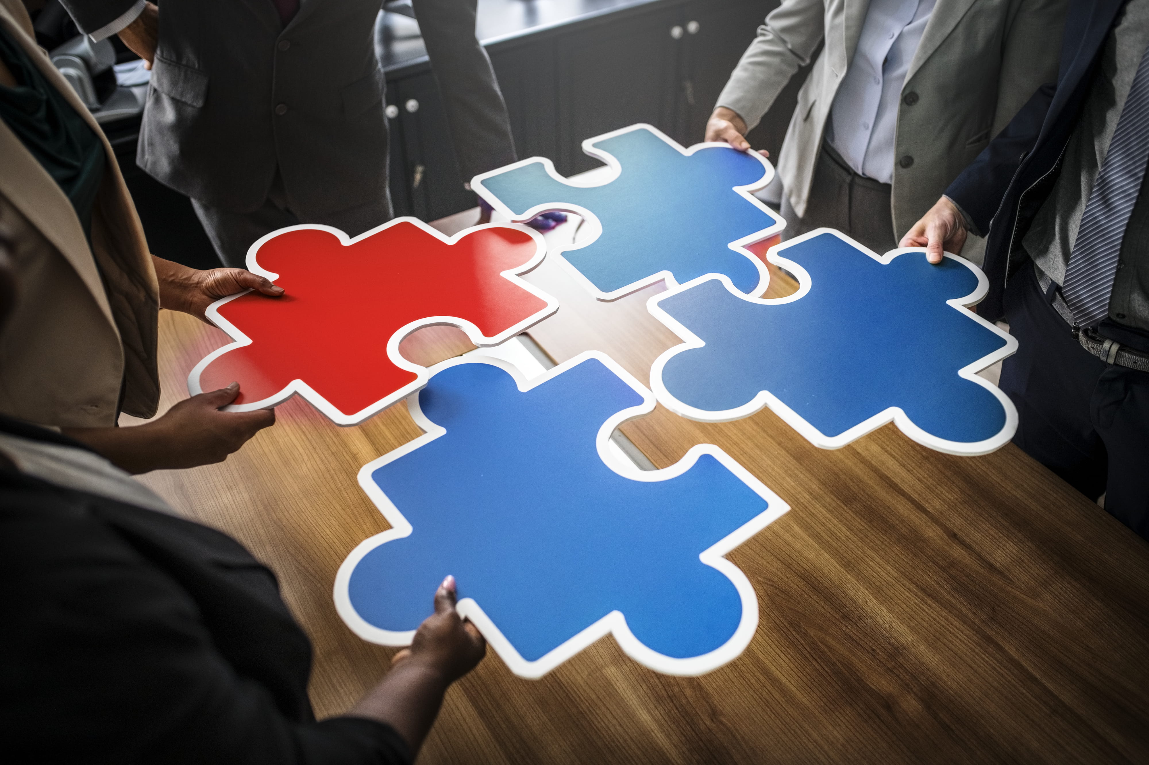 jigsaw, holding, connection, jigsaw piece, businessman, cooperation, hands, red, strategy, cardboard, men, together, interaction, pieces, teamwork, togetherness, HD Wallpaper