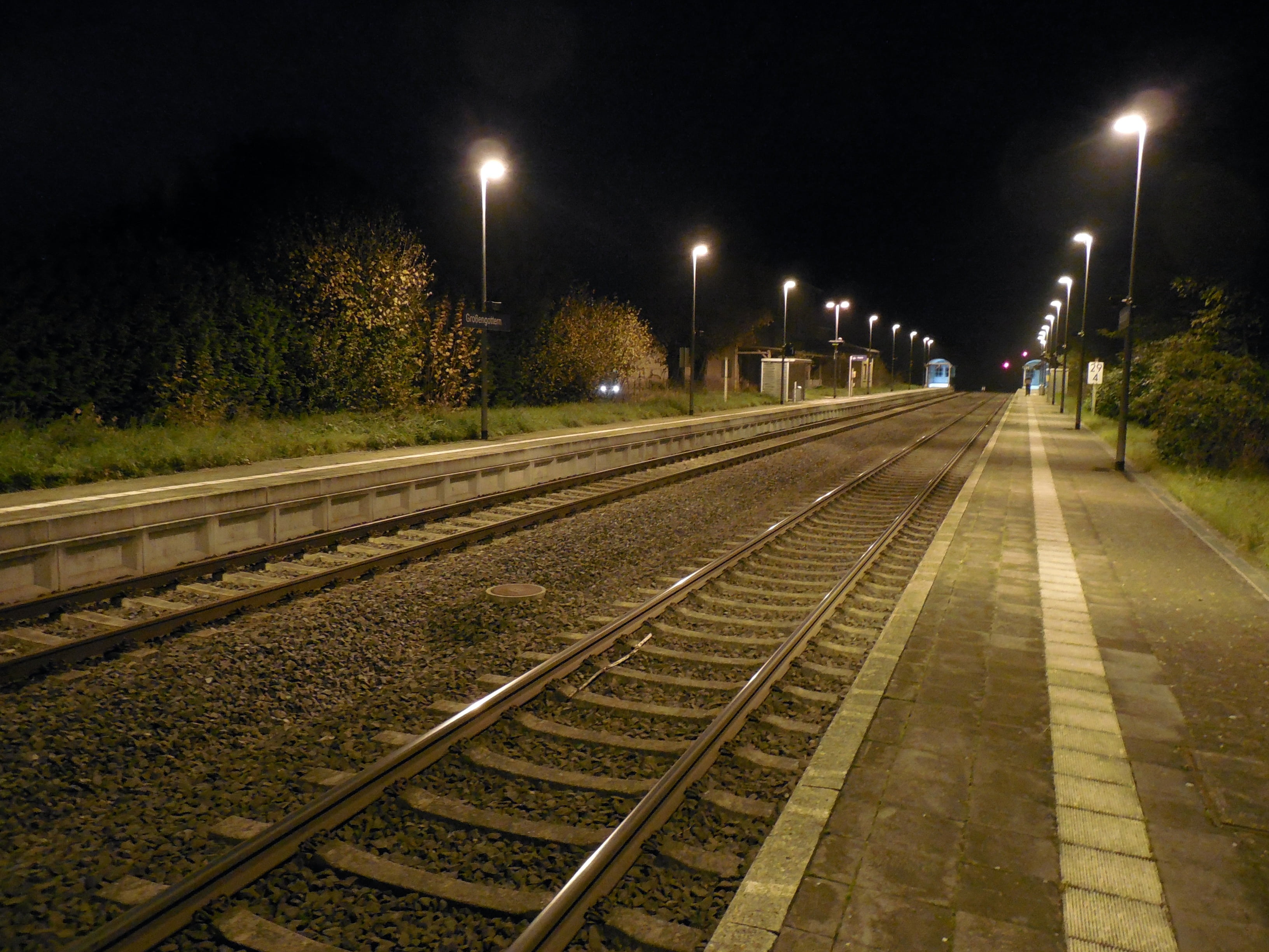 illuminated, night, lighting equipment, railroad station, nature, long, railroad station platform, train, the way forward, leave, rail, parallel, railway rails, HD Wallpaper