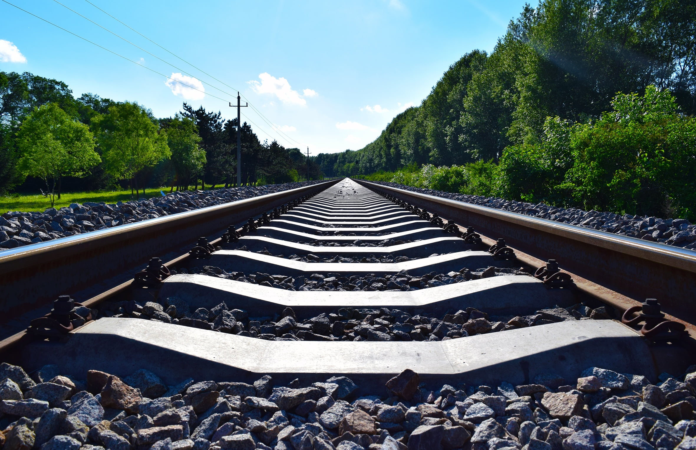 the scenery, metal, railway, vanishing point, white cloud, rail transportation, the way forward, outdoor, distance, photo, rock - object, diminishing perspective, HD Wallpaper