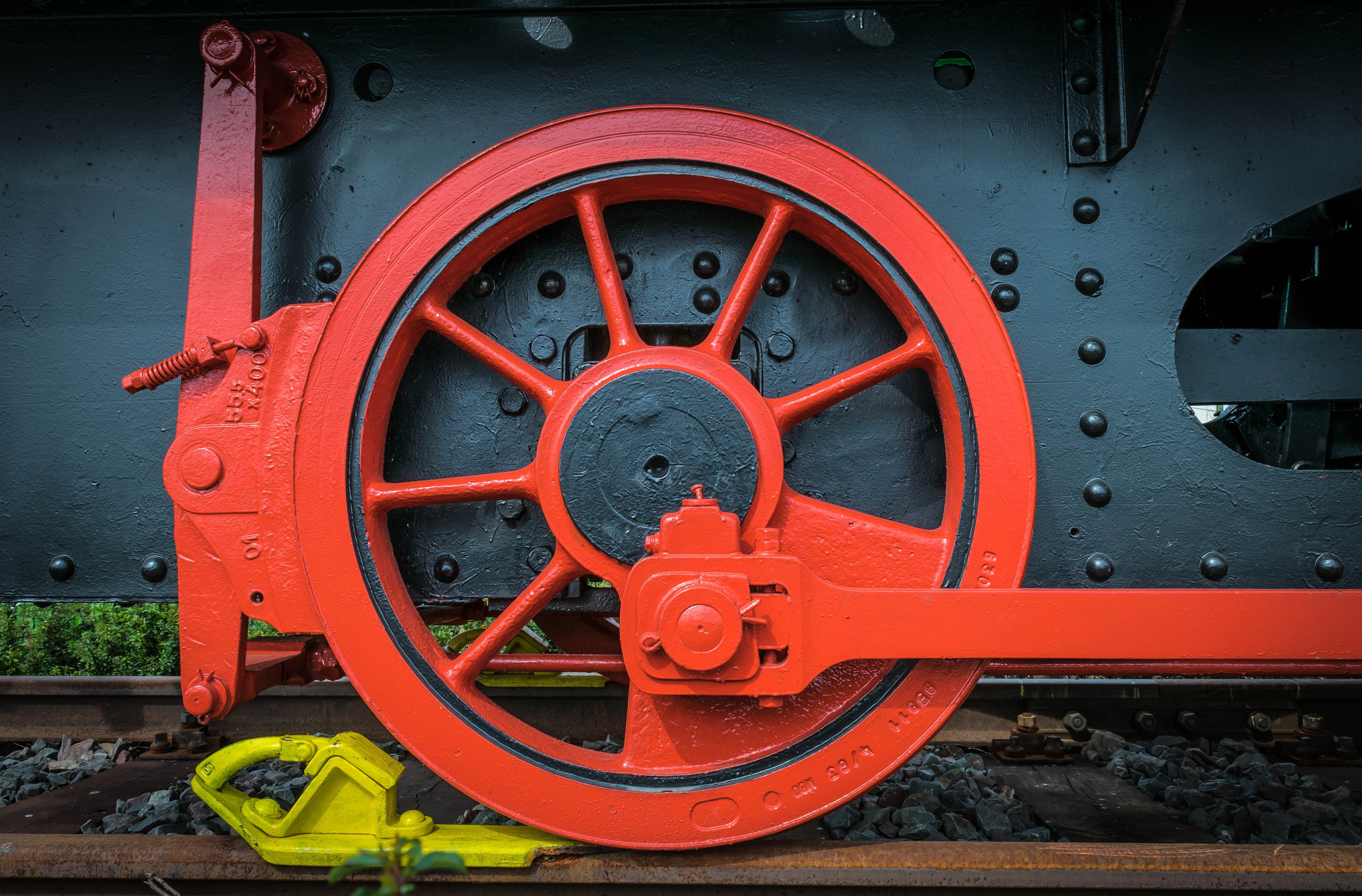 transportation, red, steam locomotive, track, photography, circle, no people, geometric shape, public transportation, close-up, train, engine, transport, HD Wallpaper