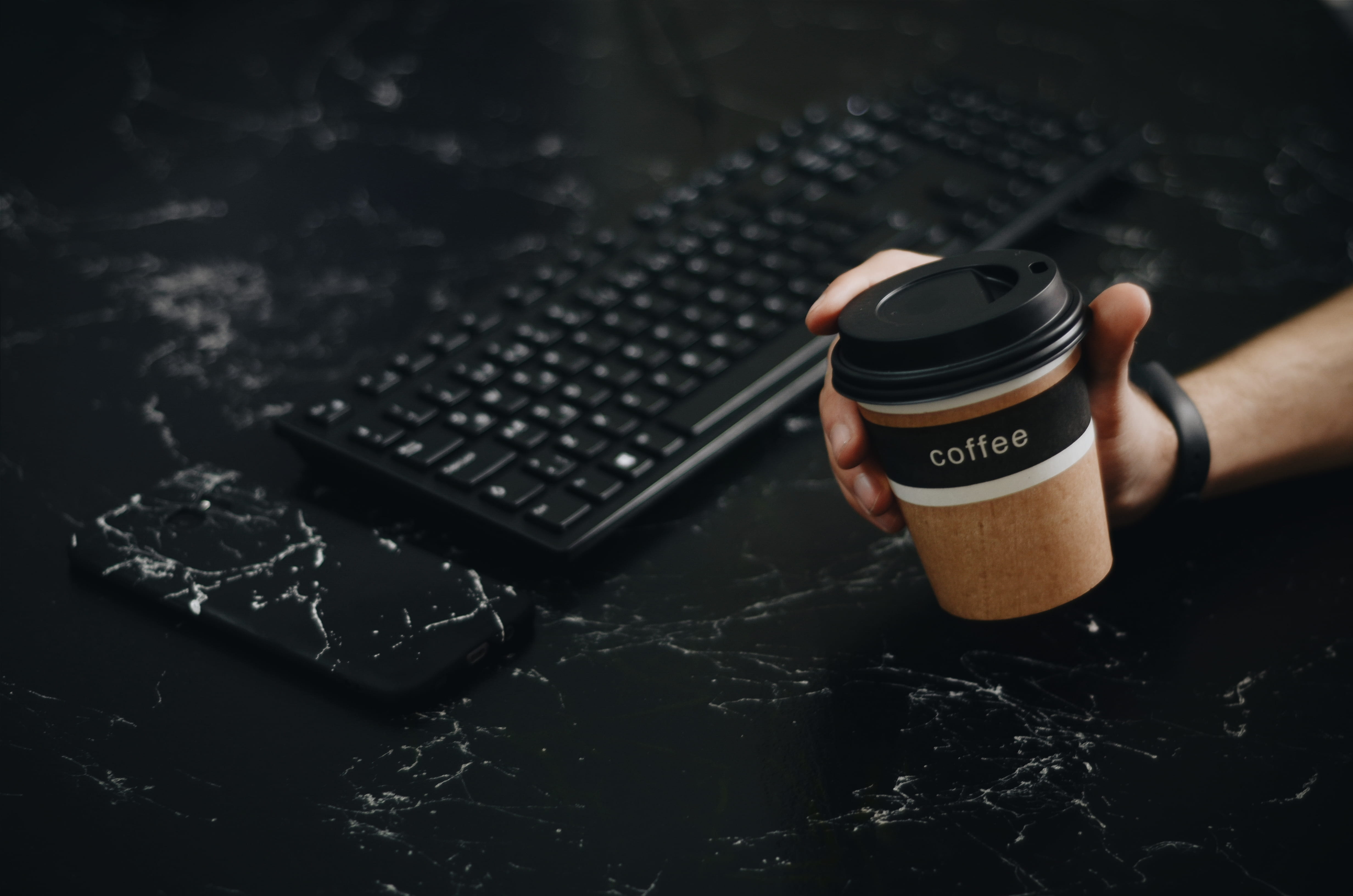 communication, equipment, computer equipment, indoors, coffee cup, wireless, high angle view, electronics, keyboard, drink, disposable, connection, western script, HD Wallpaper