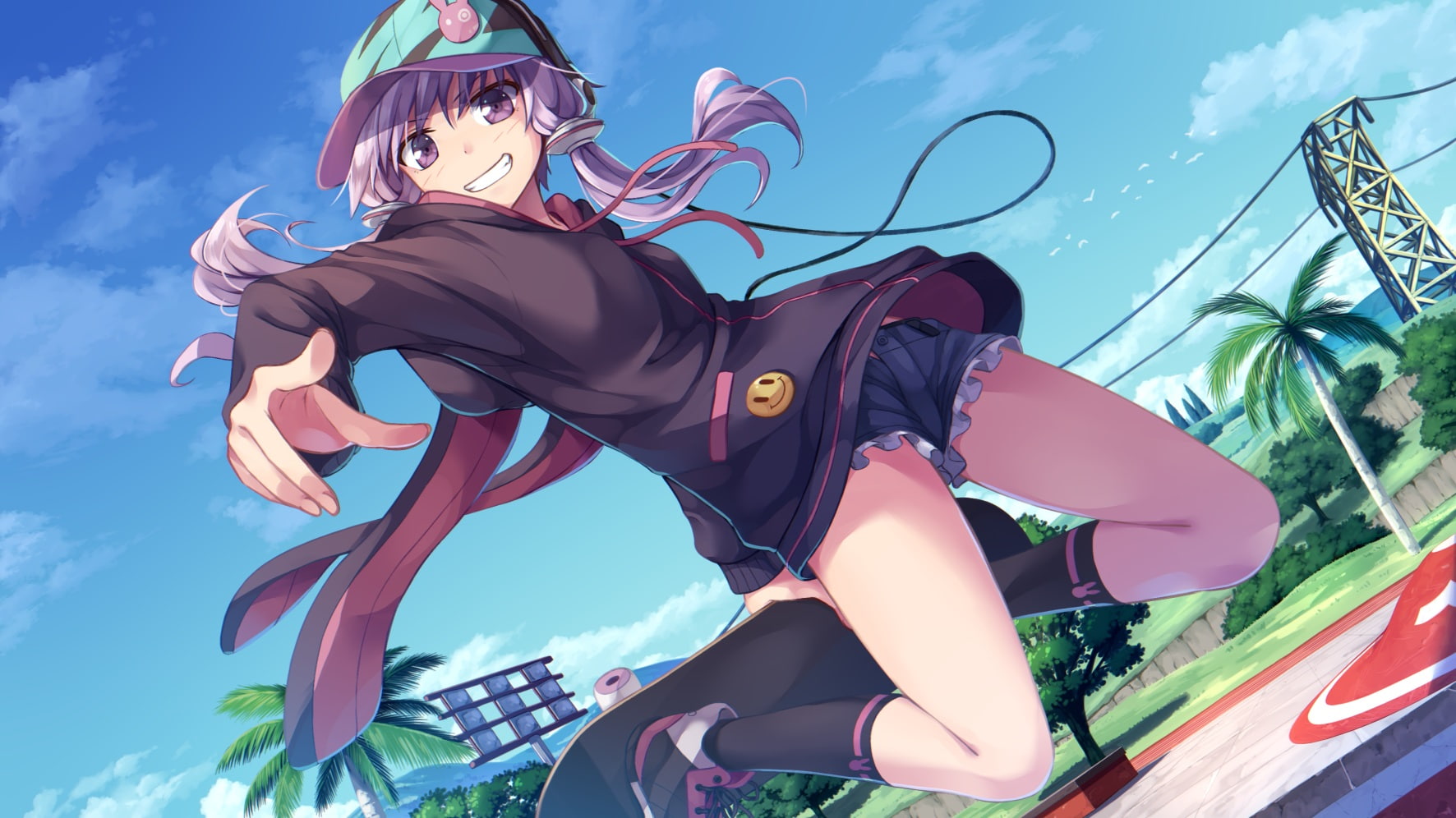 yukari, hoodie, konachan, kneehighs, long, com, yuzuki, hair, flask, sport, twintails, shorts, 720P, clouds, voiceroid, vocaloid, hat, tree, sky, eyes, HD Wallpaper