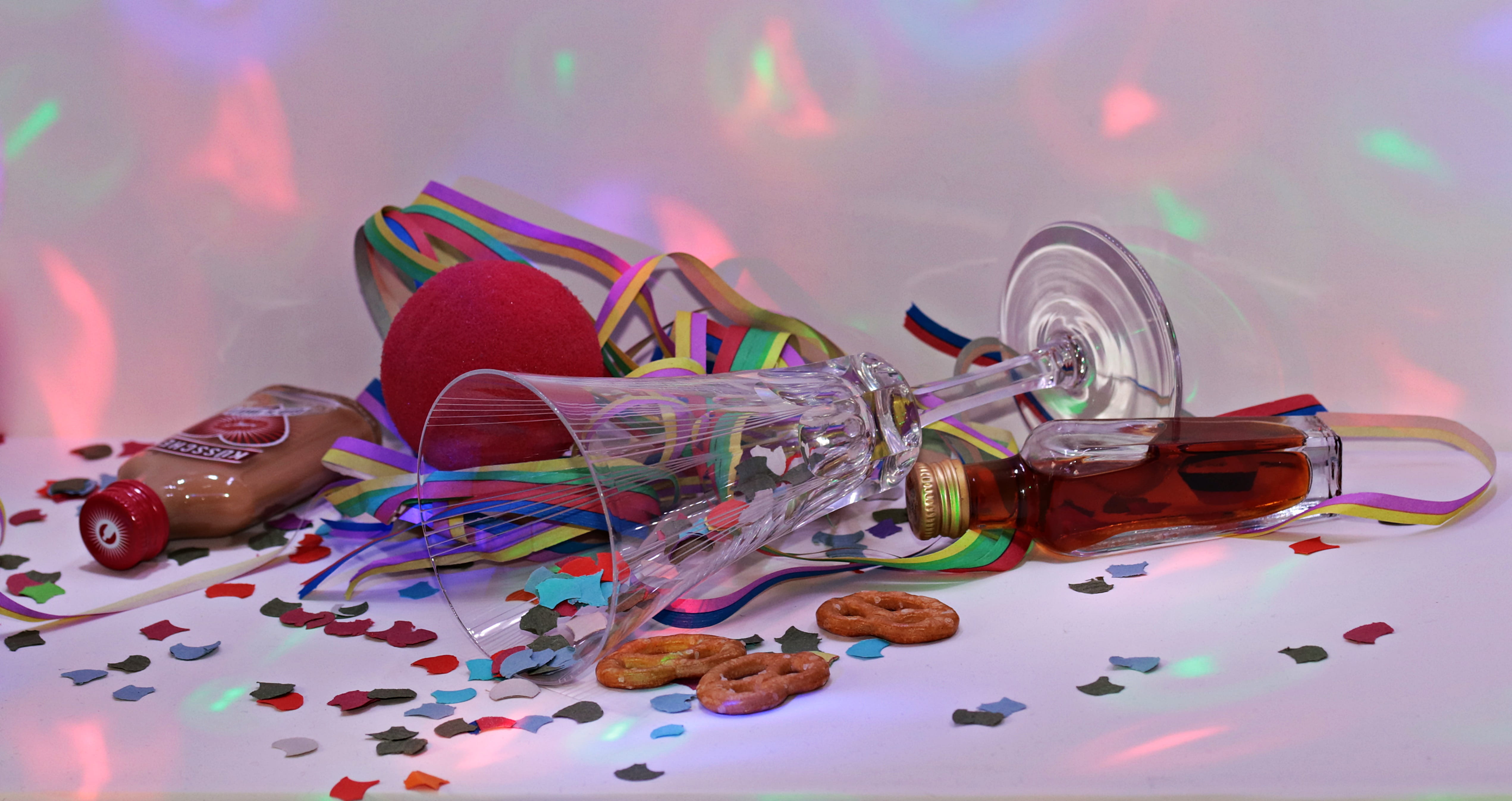 confetti, indoors, color, glass, deco, pretzels, event, clown nose, multi colored, colorful light, food and drink, bottle, fun, holiday, large group of objects, HD Wallpaper