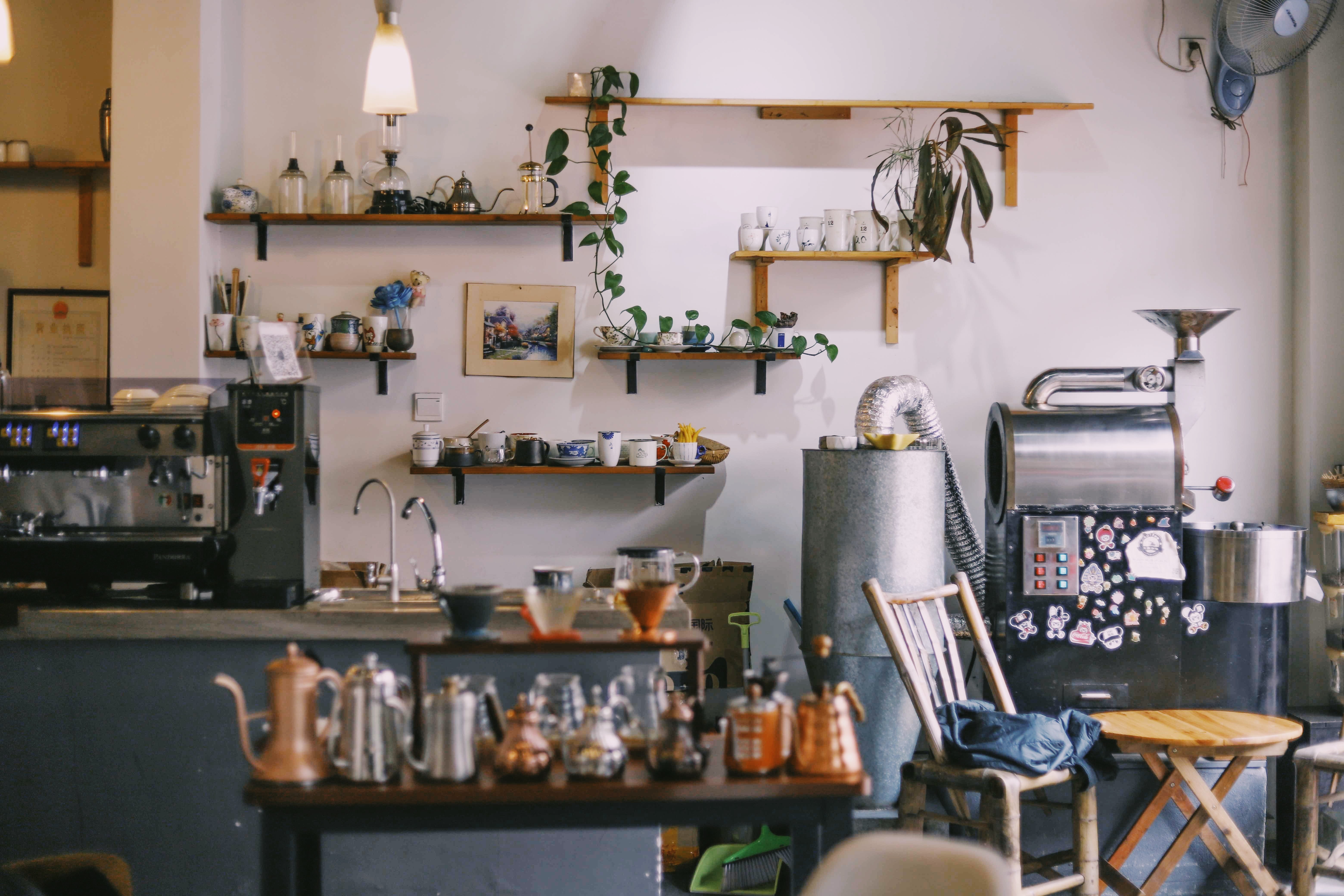 chair, bar, coffee maker, kitchen, indoors, beside, domestic kitchen, container, cafe, variation, large group of objects, flask, business, food and drink, HD Wallpaper