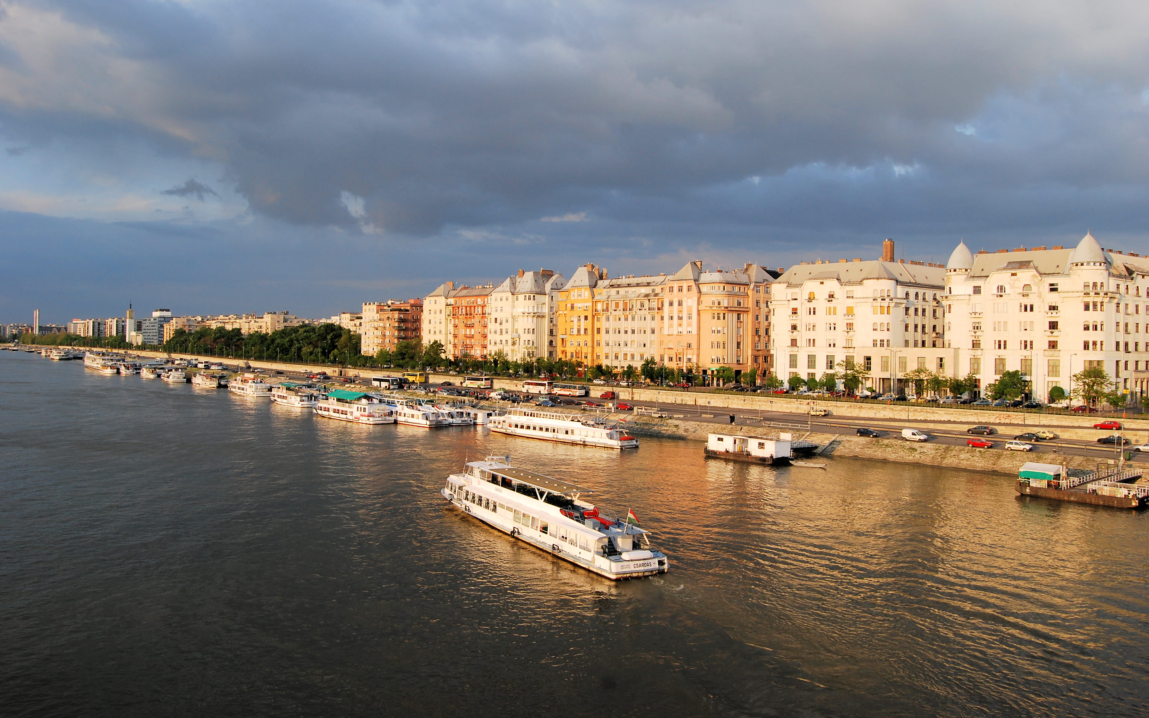 ships, watercrafts, body, architecture, waterfront, harbor, buildings, 4K, river, danube, travel, passenger craft, mode of transportation, clouds, nautical vessel, HD Wallpaper