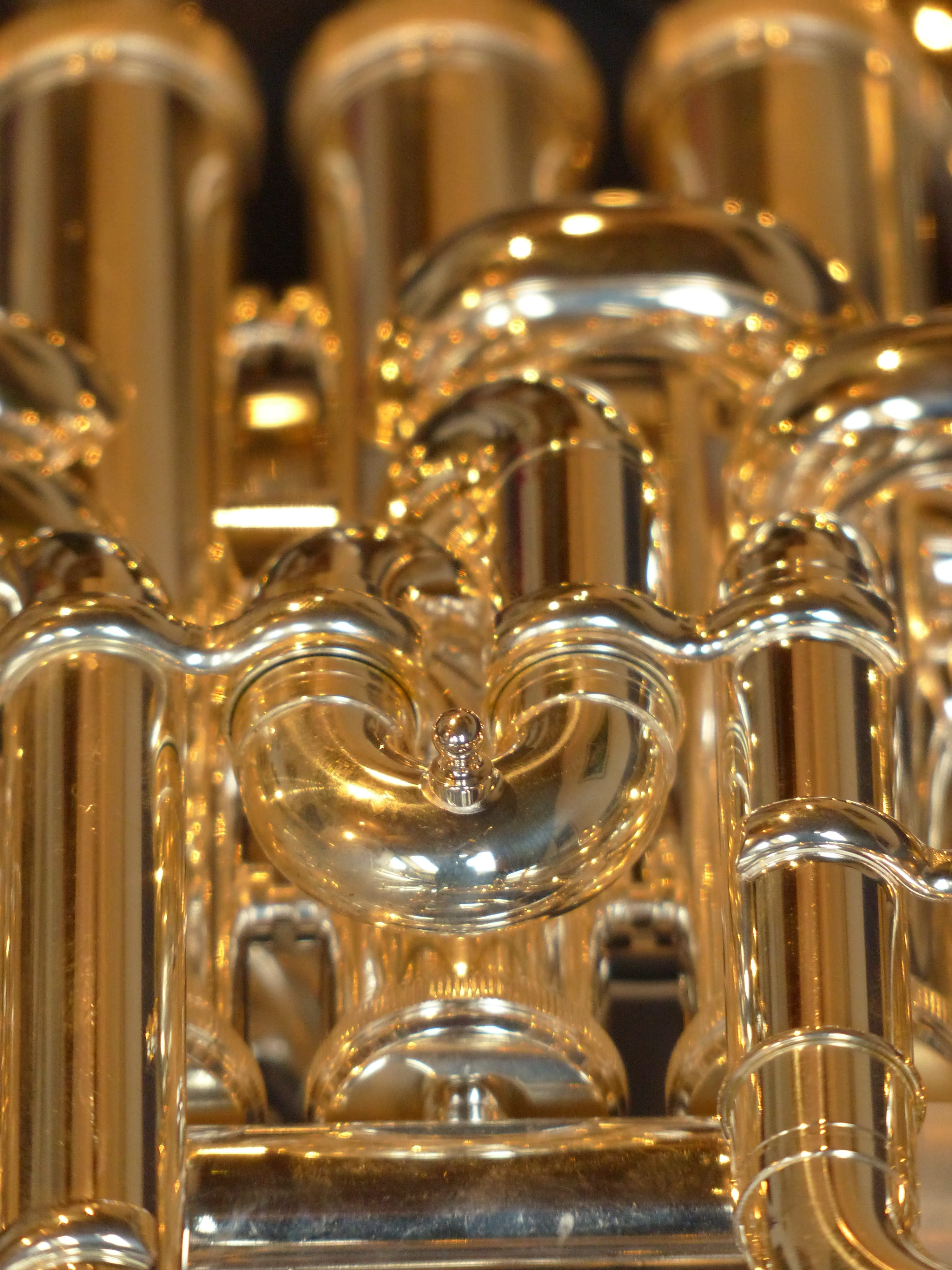 full frame, sheet, rays, no people, musical instrument, shine, large group of objects, pipes, in a row, gold colored, indoors, brass, silver, metal, 4K, Phone HD Wallpaper