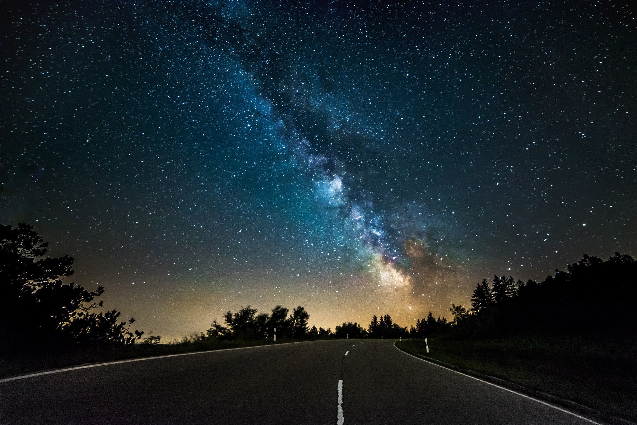 purple, mystery, The milky Way, trees, space, photography, way, milky, road, light, black, stars, silhouette, 1080P, HD Wallpaper