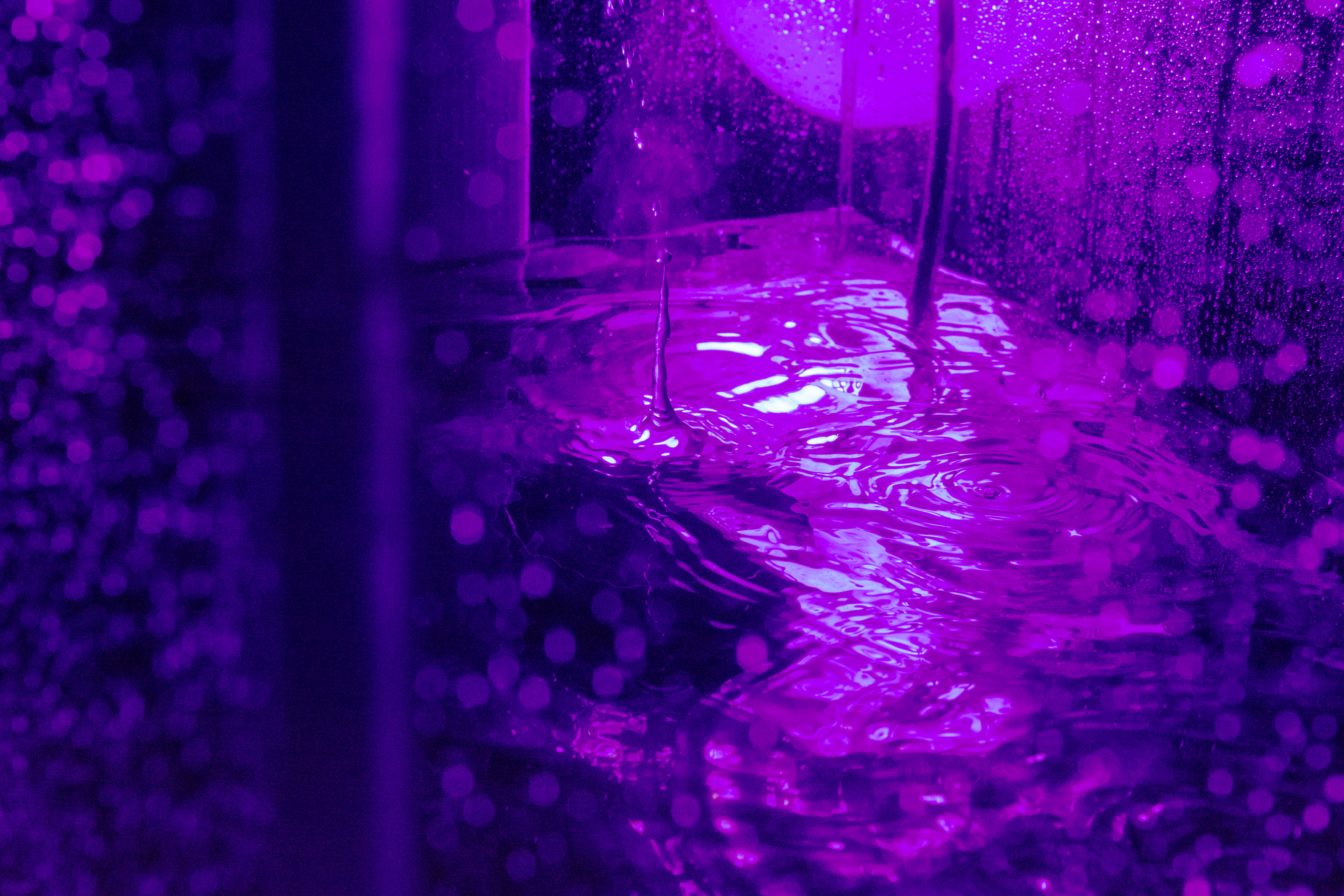 selective focus, glass - material, rain, indoors, wave, security, 5K, no people, pink color, nature, glass, transparent, raindrop, water, neon, close-up, HD Wallpaper
