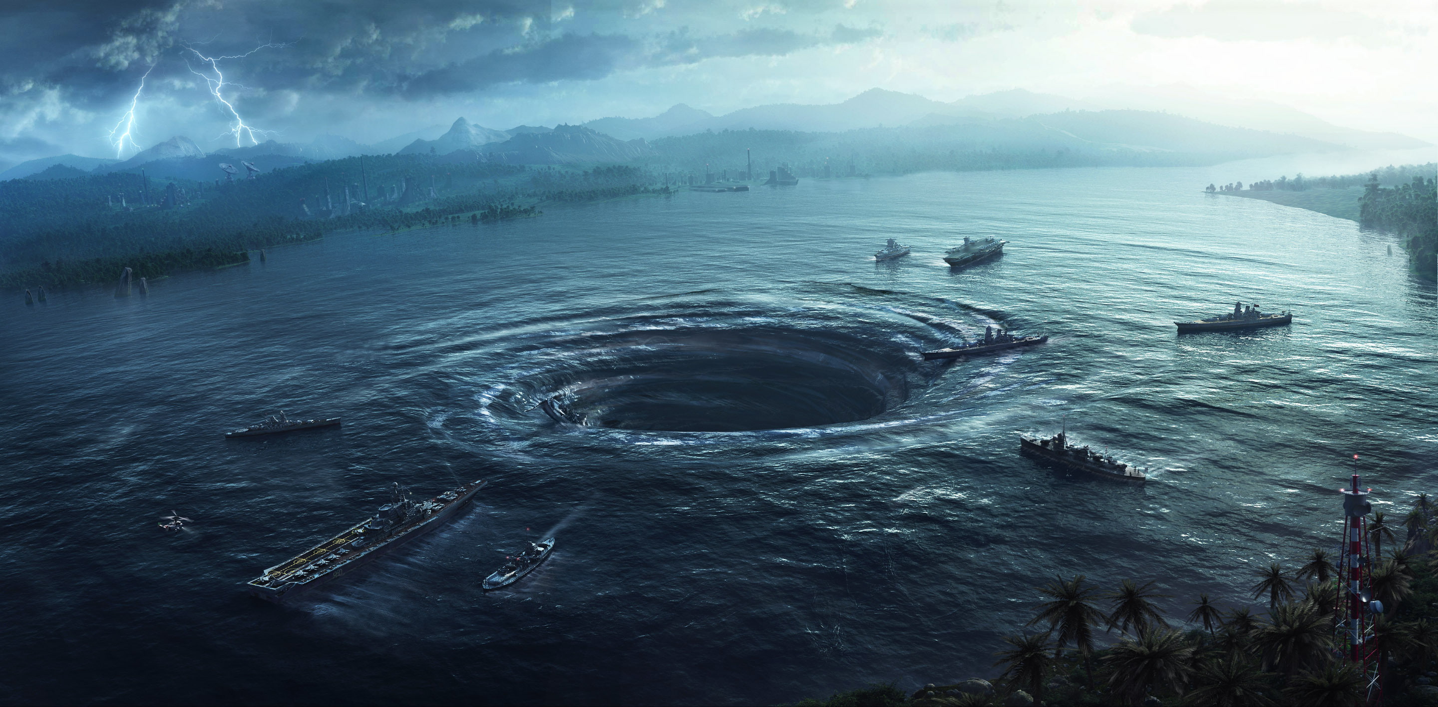 ships, navy, dark, sea, apocalyptic, lightning, 2K, art, destruction, rim, lake, pacific, military, sci fi, horror, funnel, HD Wallpaper