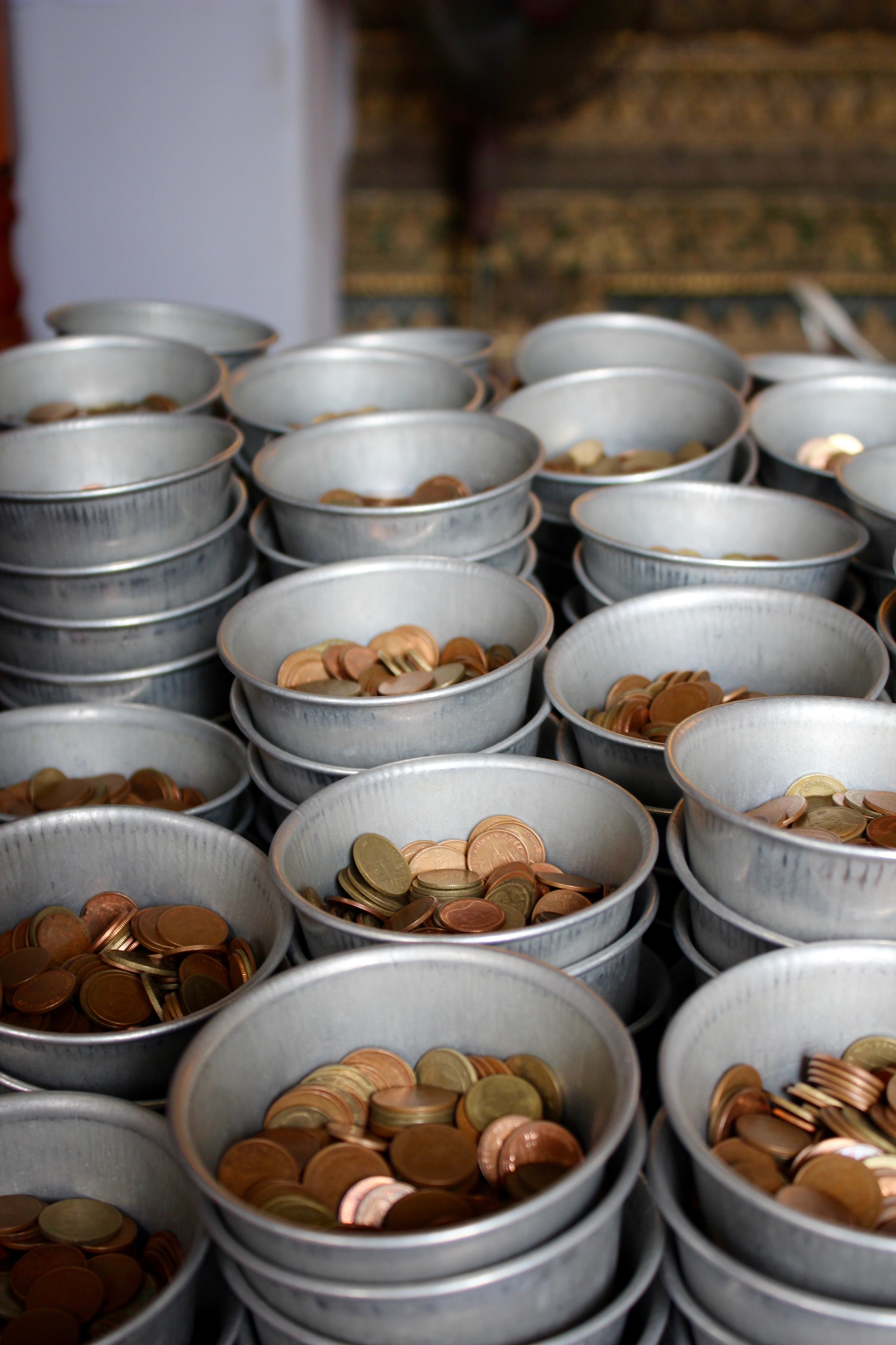 arrangement, money collector, assorted, in a row, high angle view, choice, business, for sale, food, loose change, coin, abundance, retail, donation, cups, Phone HD Wallpaper