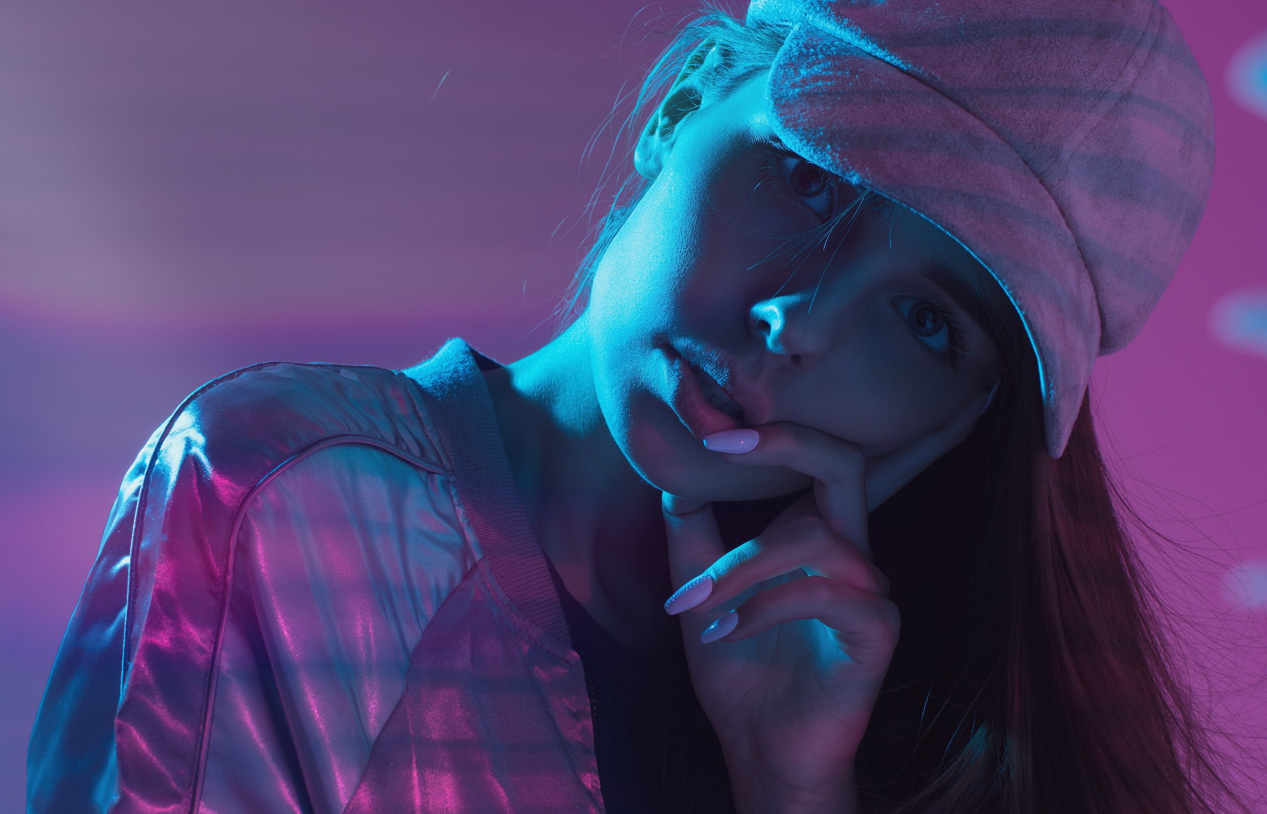 brunette, model, looking at viewer, painted nails, purple, women, hat, face, jacket, 2K, HD Wallpaper