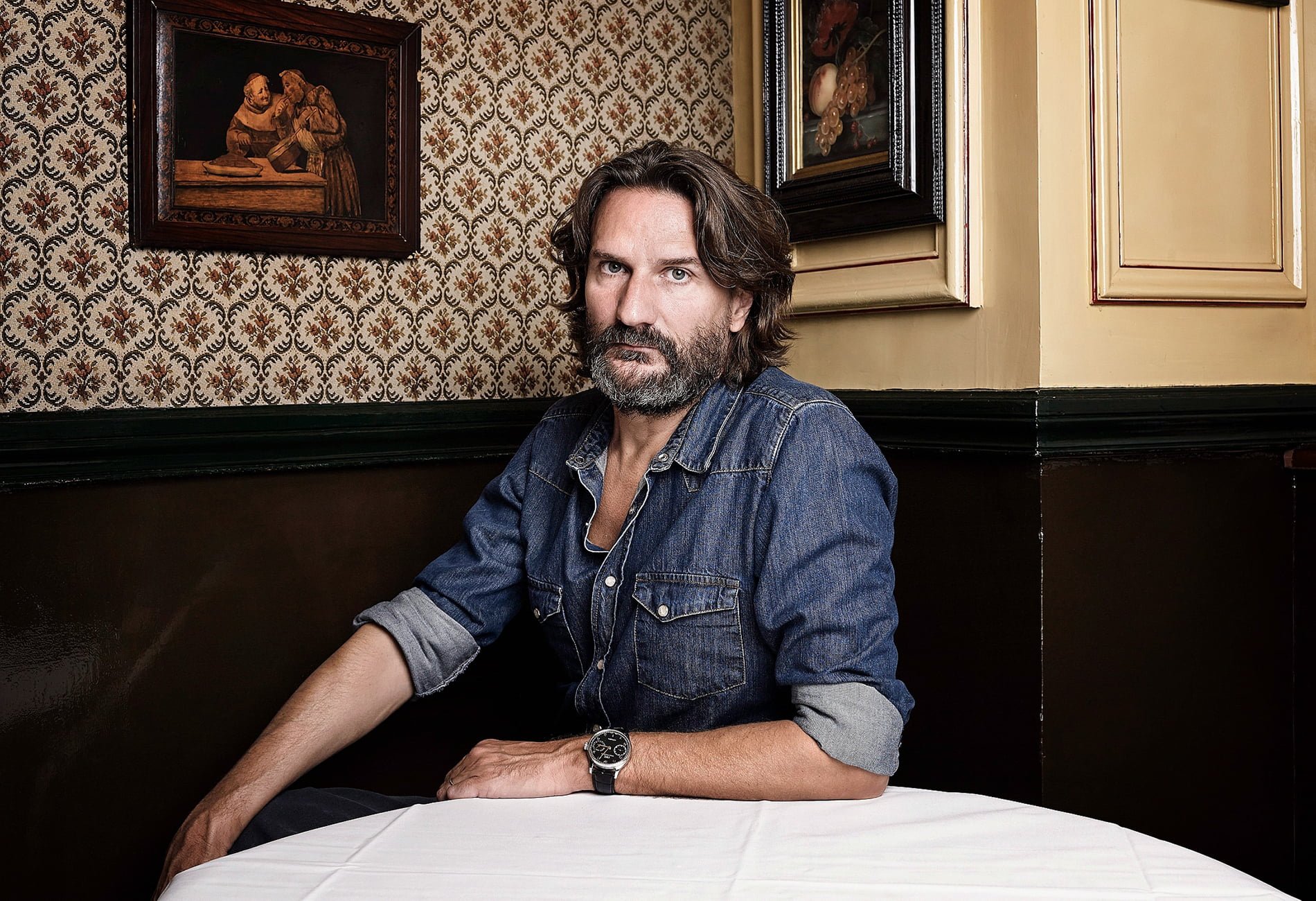 button, blue, sleeved, long, s, man, shirt, men, writer, 720P, denim, beard, frederic beigbeder, HD Wallpaper