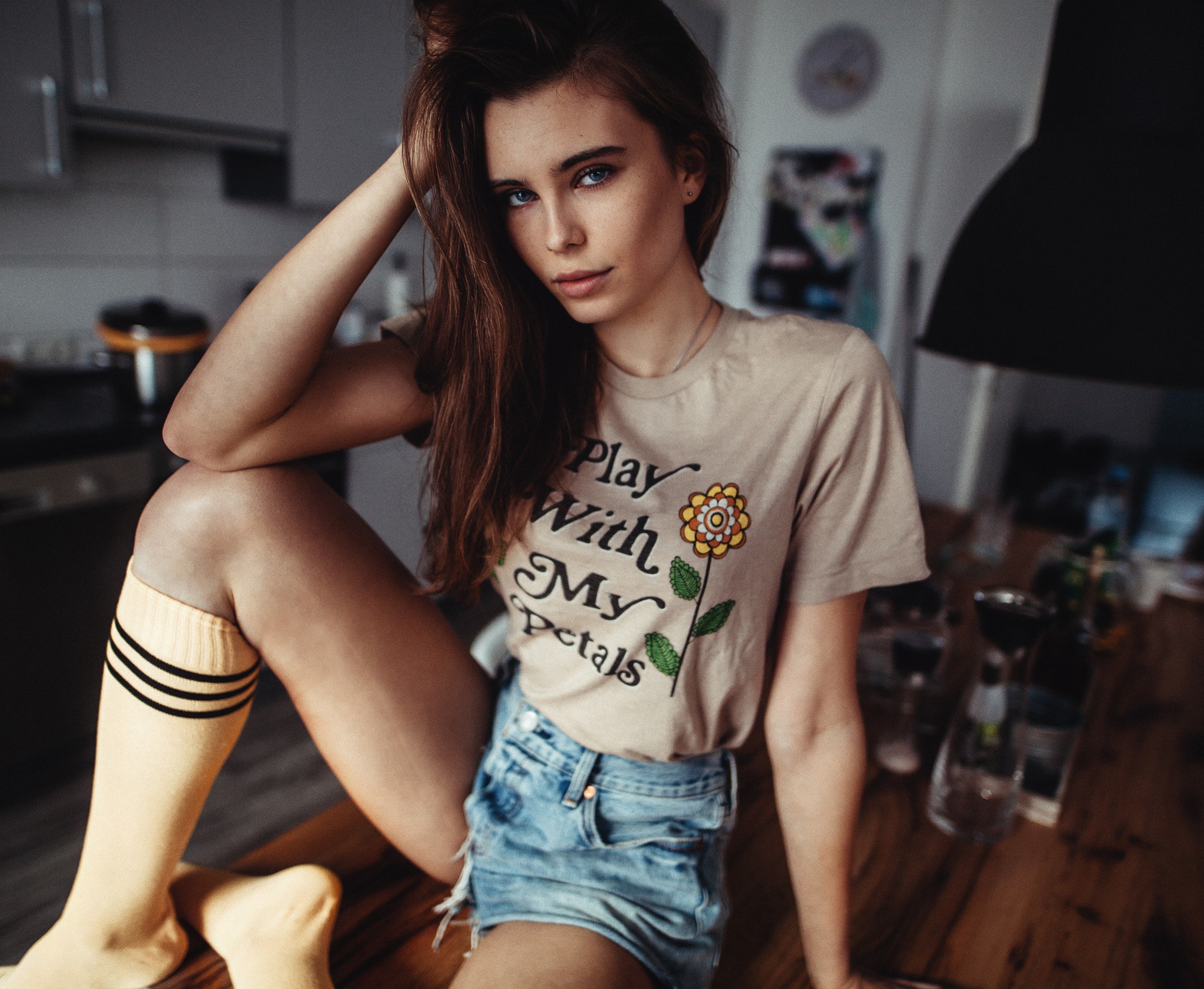 sitting, young adult, women, one person, focus on foreground, front view, beautiful woman, stockings, kitchen, portrait, looking at camera, domestic kitchen, HD Wallpaper