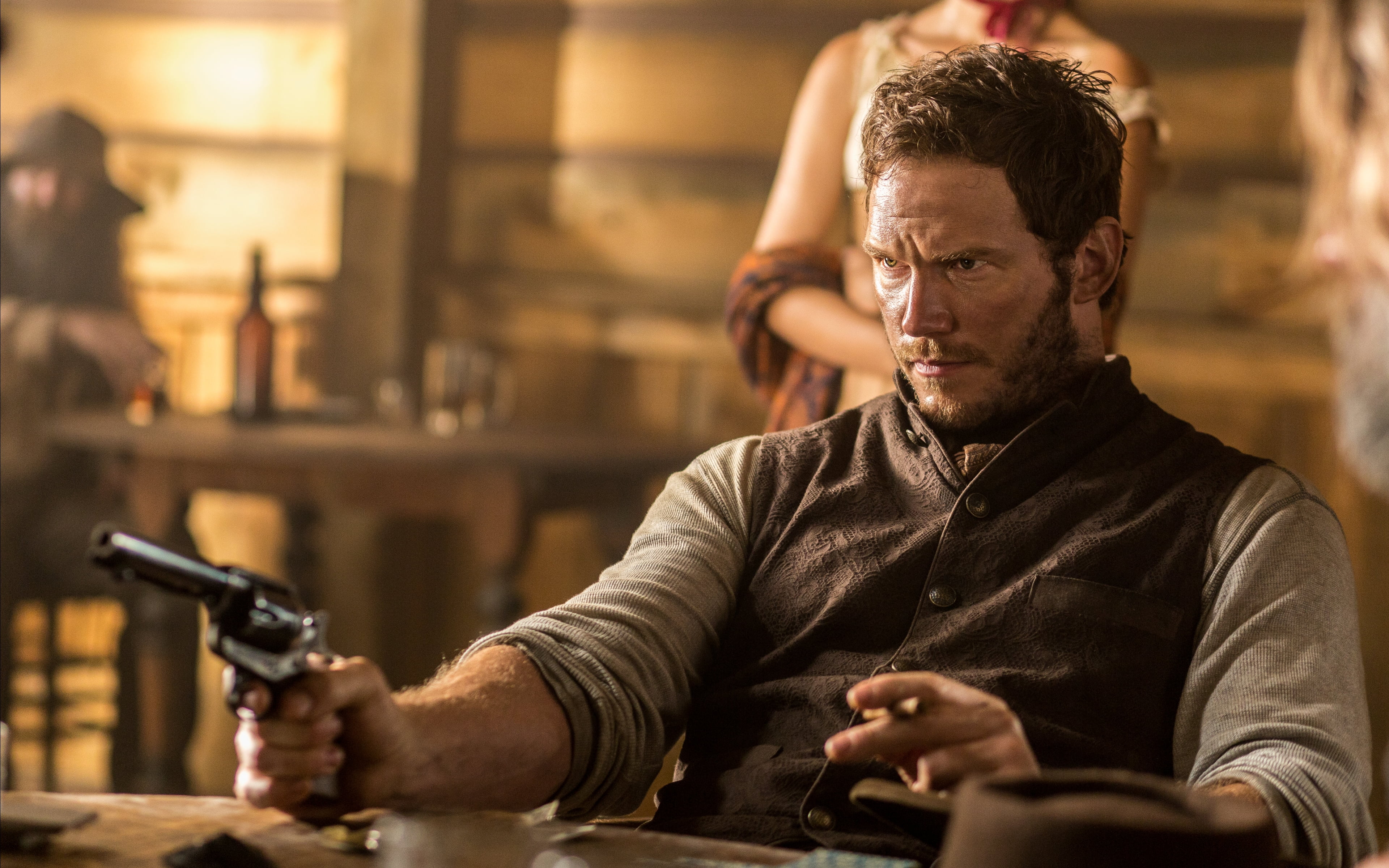 holding, working, top, sitting, Hollywood Movies, s, 4K, looking, Movies, weapon, magnificent, men, portrait, males, chris, gun, chris pratt, black, hollywood, HD Wallpaper