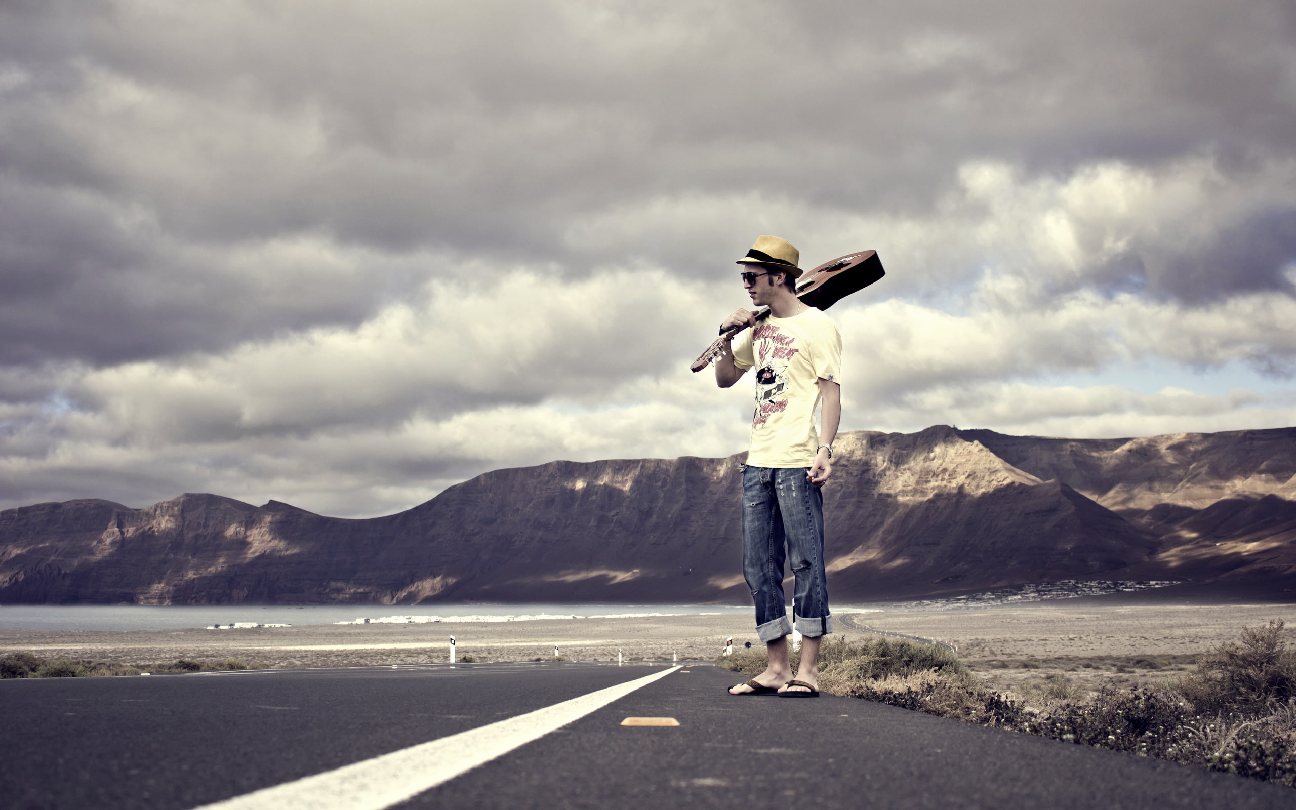 cloud - sky, mountain range, transportation, sky, red, blue, real people, child, denim, outdoors, road, jeans, casual clothing, men, distressed, standing, HD Wallpaper