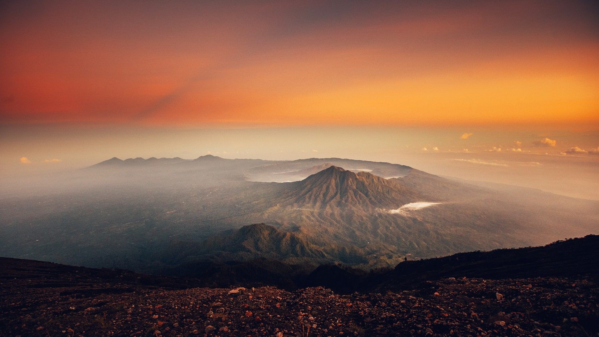 hills, rock, Bali, mist, nature, volcano, landscape, sunset, stones, Indonesia, clouds, mountains, 1080P, HD Wallpaper