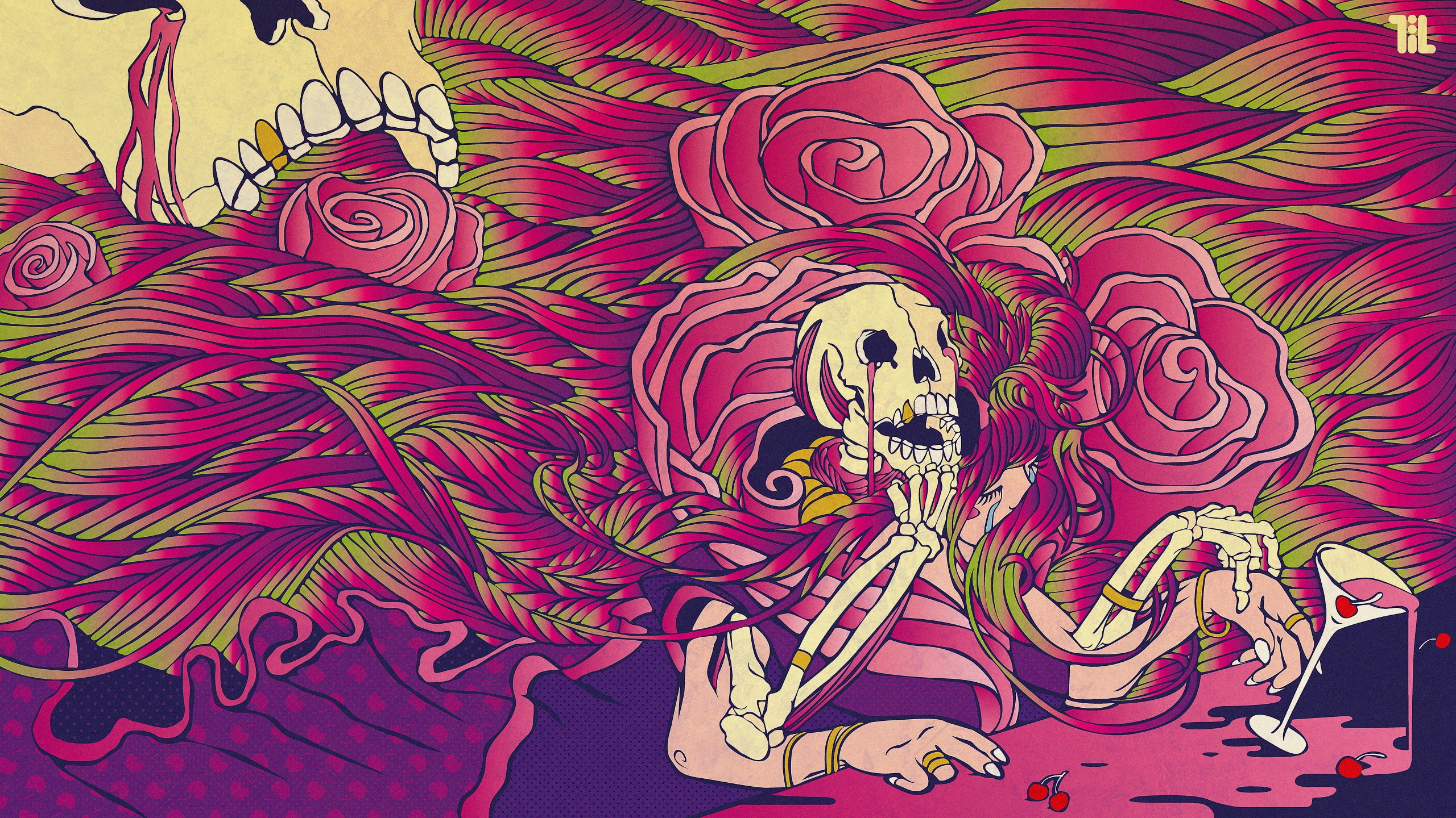 skull, berries, sake, psychedelic art, roses, glass, skeleton, flowers, acid, 2K, HD Wallpaper