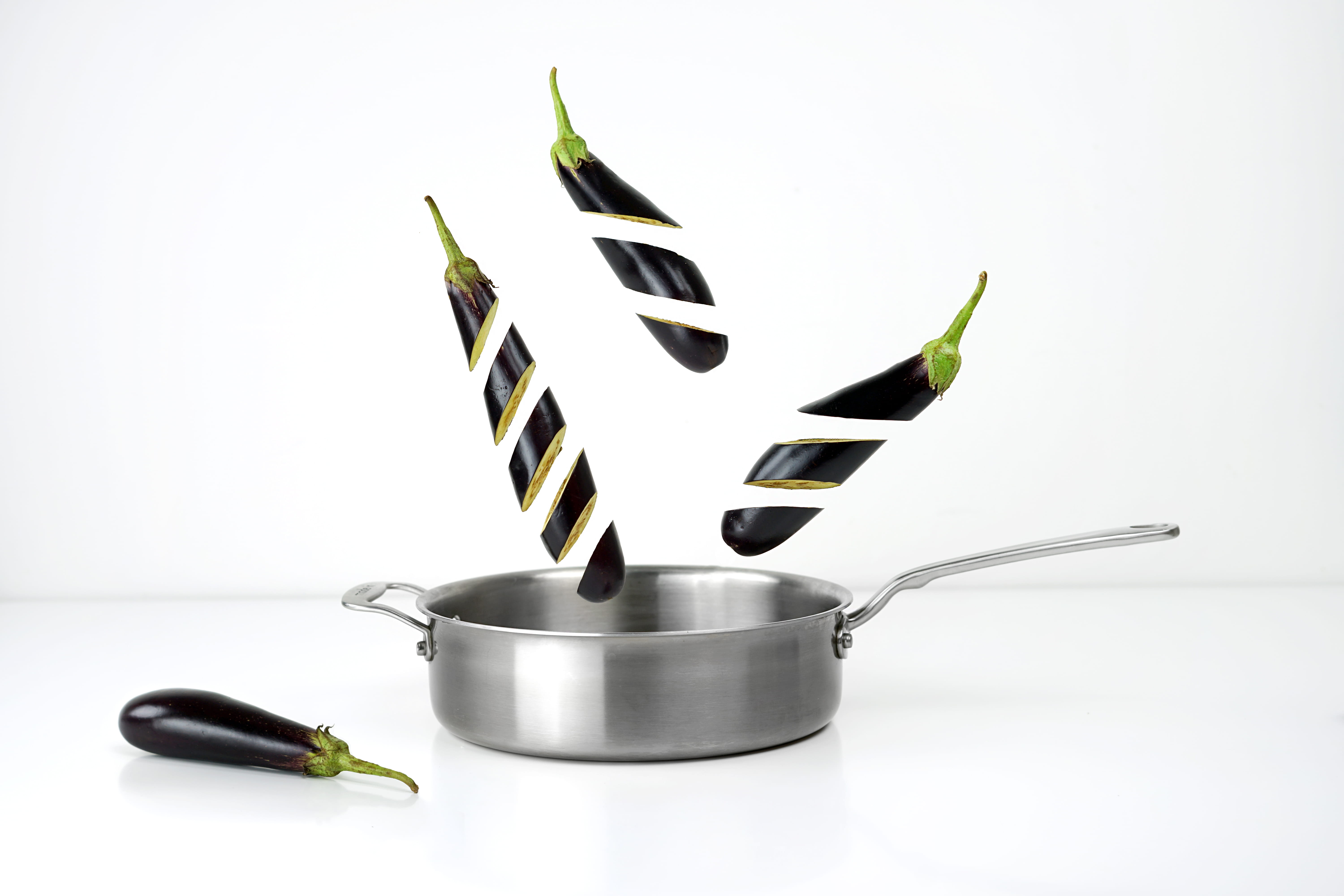 stick, still life, metal, aubergines, eggplants, fresh vegetables, household equipment, skillet- cooking pan, cooking pot, food, sliced, food and drink, HD Wallpaper