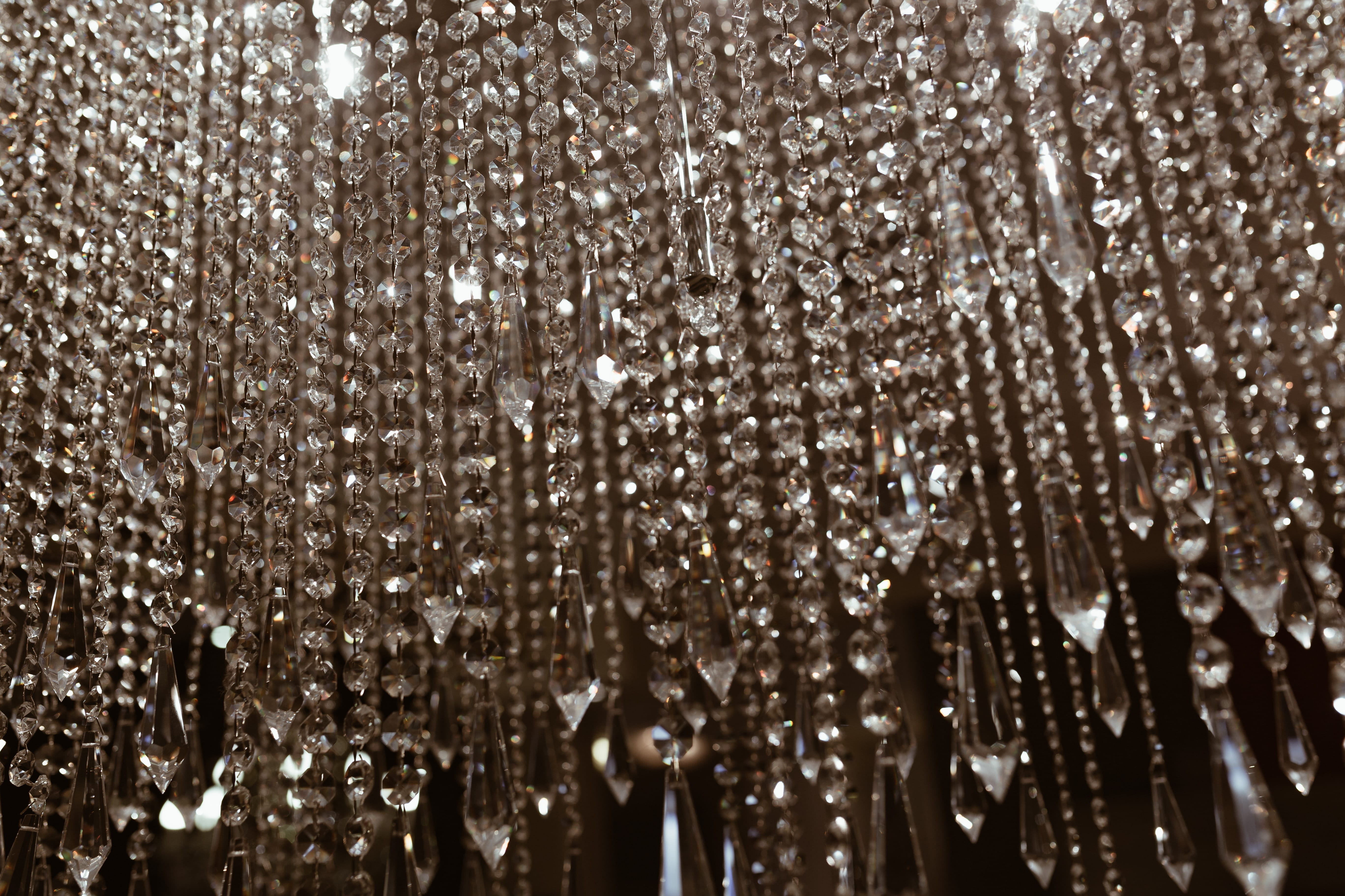 abundance, glass, backgrounds, celebration, illuminated, motion, lighting equipment, close, night, 5K, no people, bokeh, chandelier, expensive, crystal, HD Wallpaper