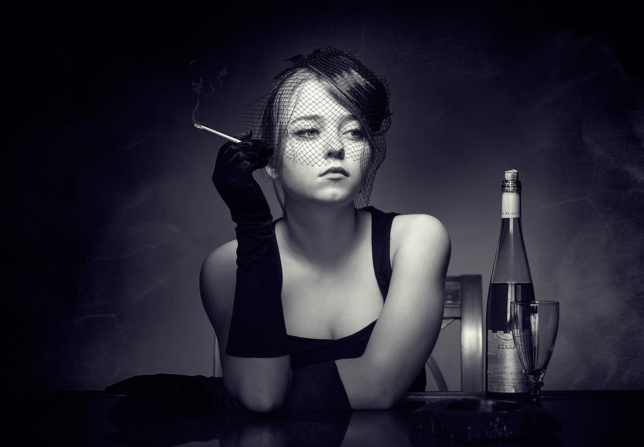 monochrome, face, gloves, hat, women, bottles, model, cigarettes, looking away, veils, wine, smoking, 1080P, HD Wallpaper