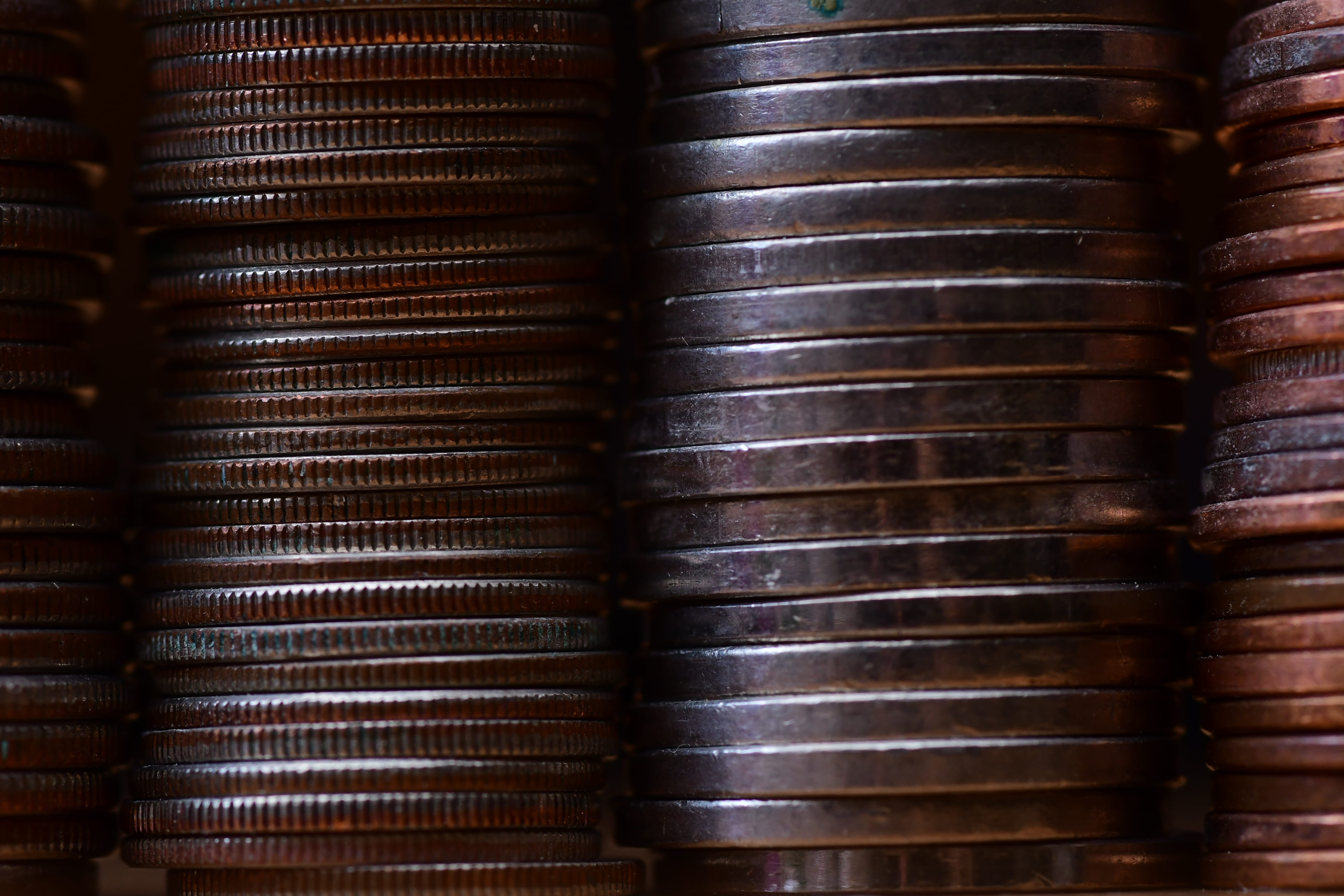 old, side by side, stack, full frame, stacked, round, indoors, lot, brown, gold, large group of objects, no people, day, quarter, in a row, nickel, still life, HD Wallpaper