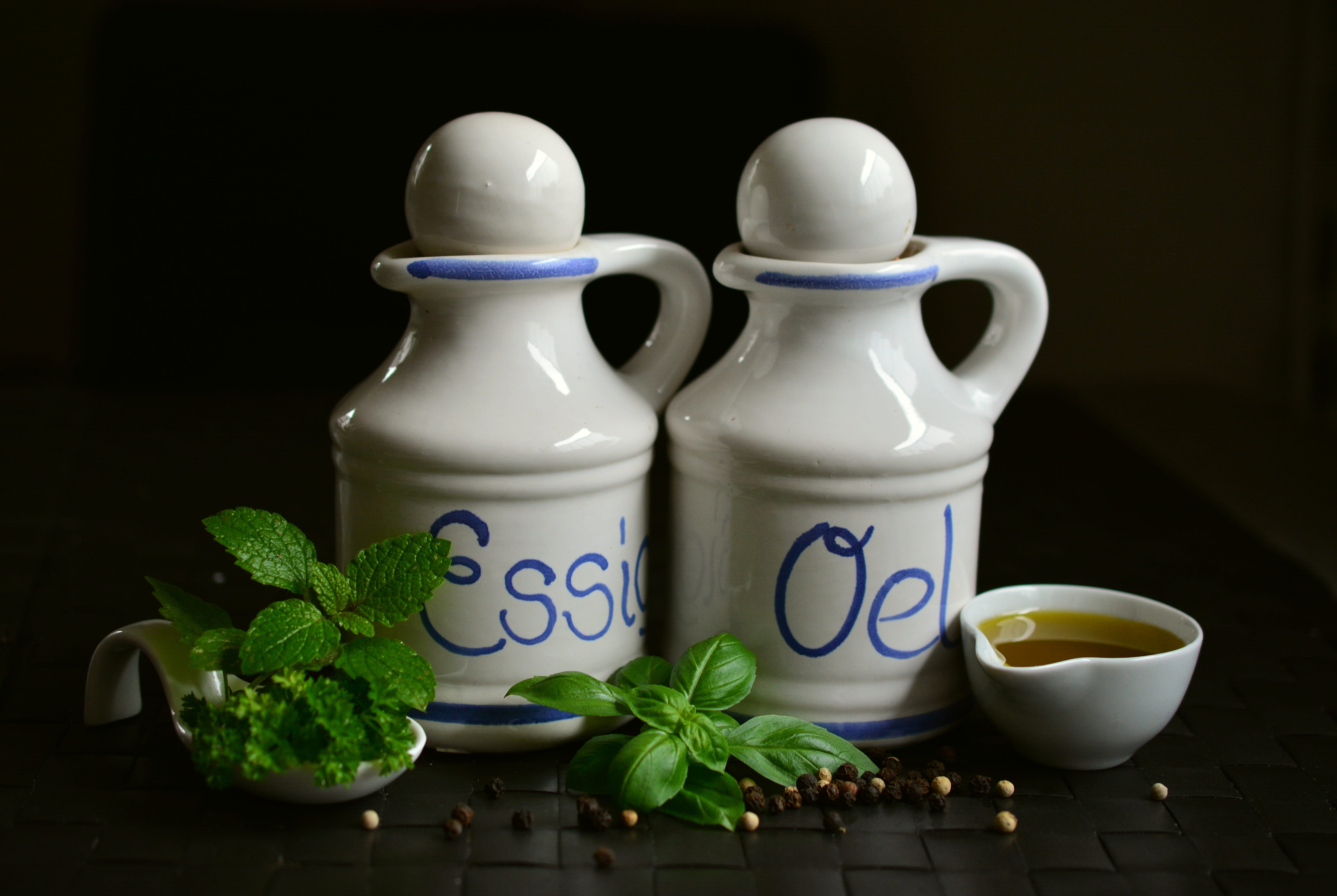 pepper, plant, 5K, oil and vinegar, mug, still life, freshness, jars, salad herbs, cook, ingredients, taste, crockery, oil, ceramic, parsley, salad dressing, HD Wallpaper