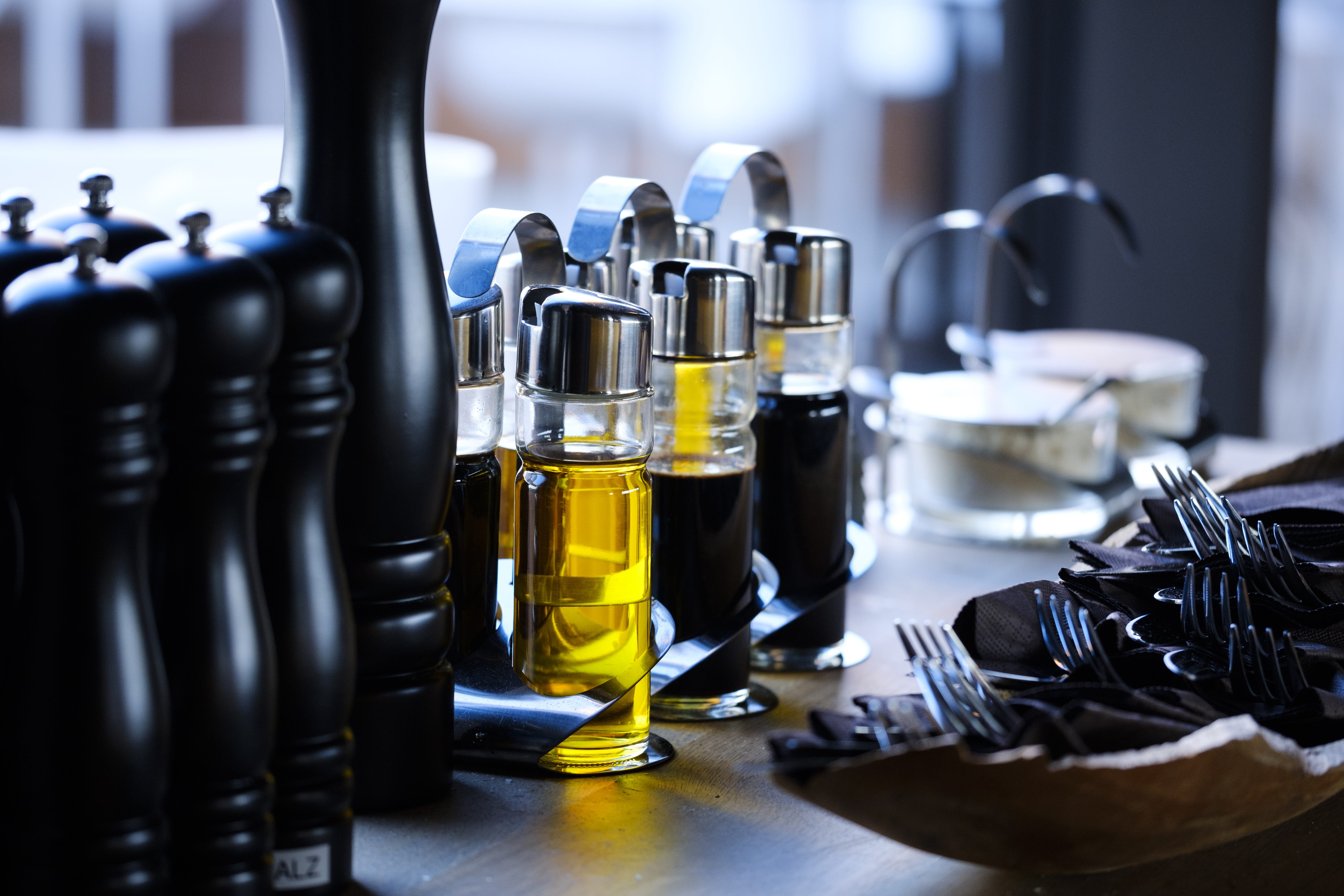 no people, food and drink, restaurant, refreshment, side by side, oil, pepper, preparation, table, still life, drink, large group of objects, container, HD Wallpaper