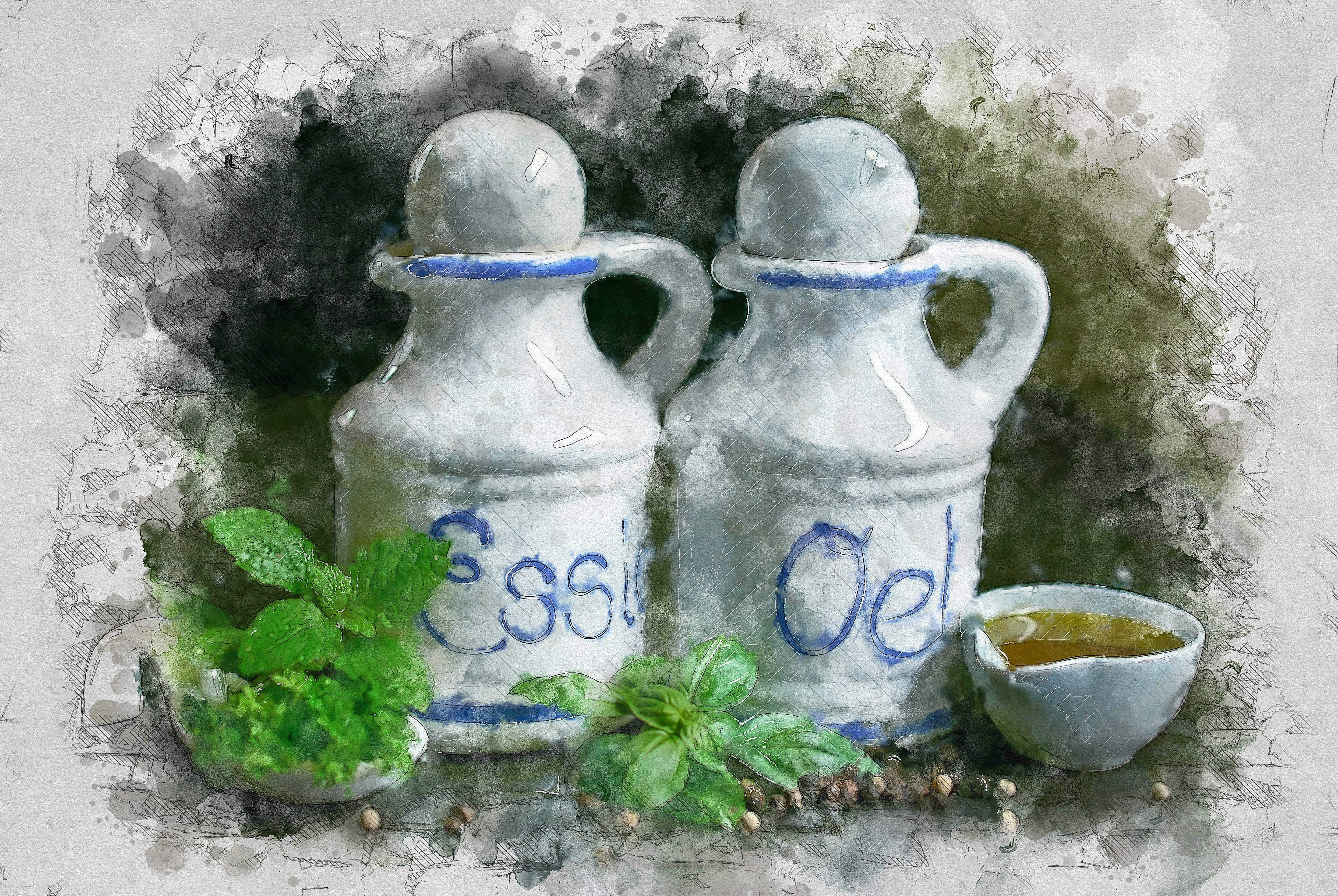 two, oil, leaf, salad dressing, ingredients, digital painting, nature, pepper, plants, digital manipulation, parsley, carafe, basil, taste, mediterranean, HD Wallpaper