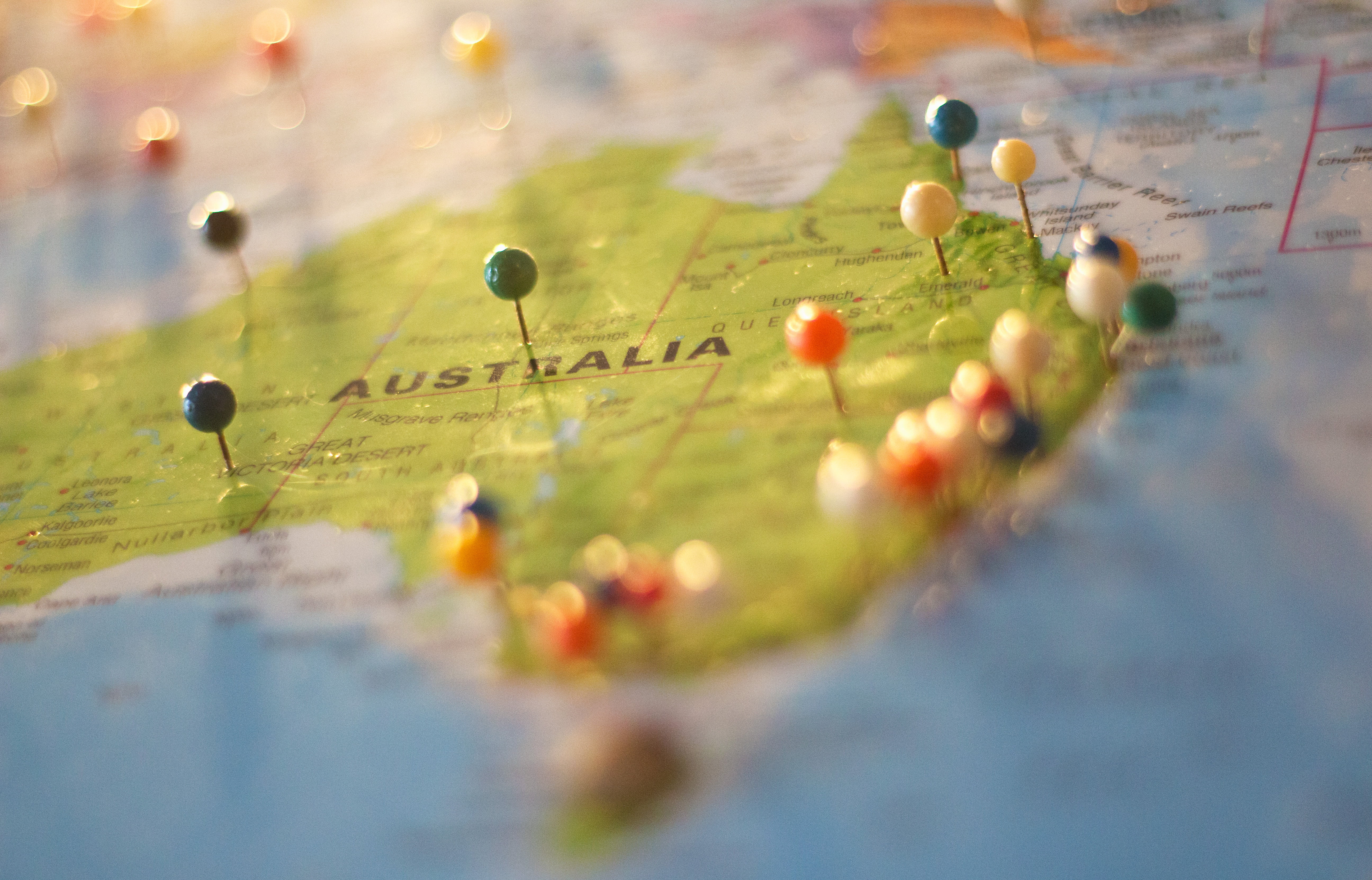 australia, multi colored, pins, guidance, travel, abundance, close-up, text, western script, direction, maps, travel destinations, selective focus, communication, HD Wallpaper