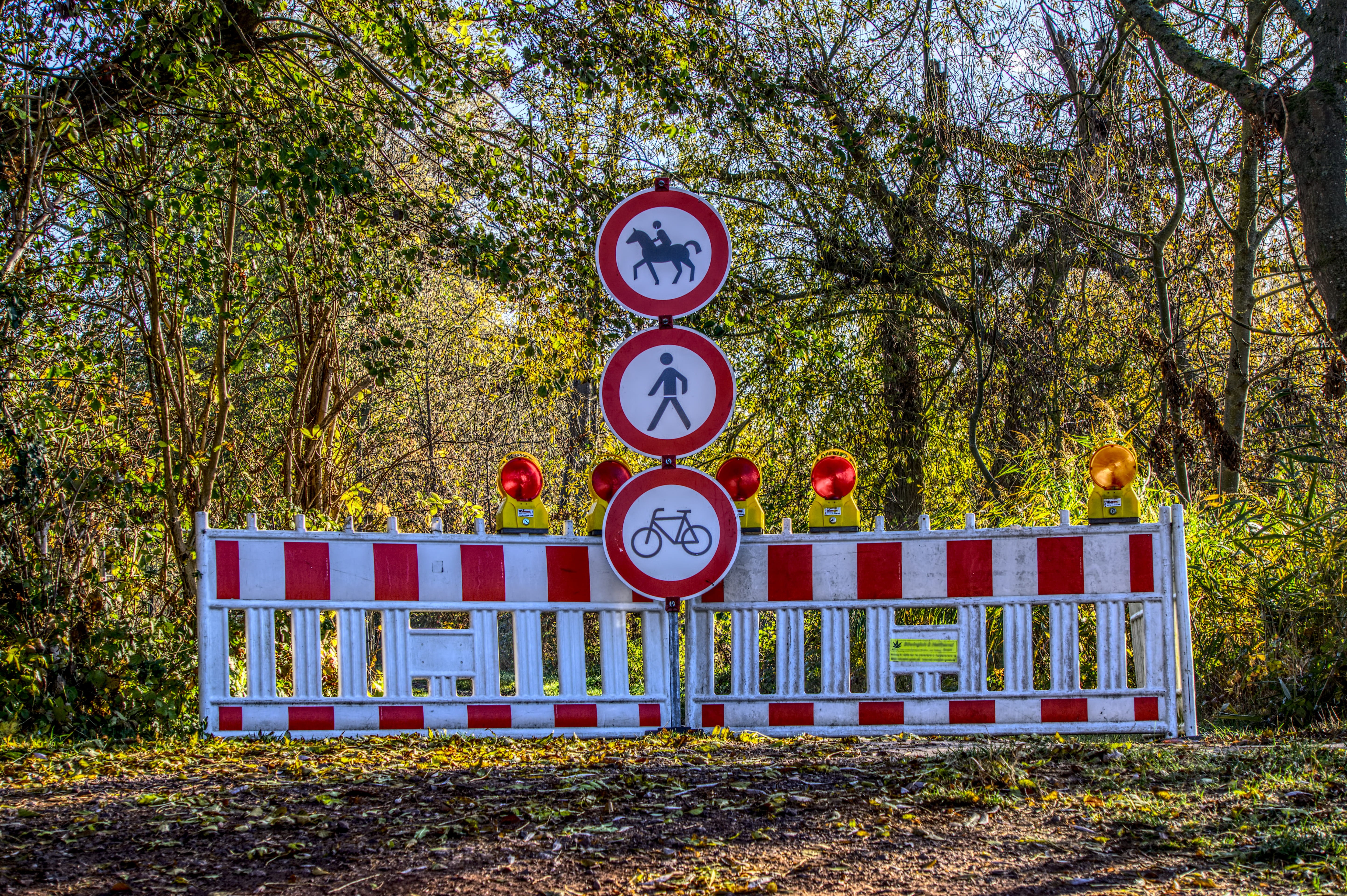 security, roadblock, road sign, shield, sign, road, tree, forest way, autumn, text, site, land, number, outdoors, symbol, communication, pedestrian, locked, HD Wallpaper