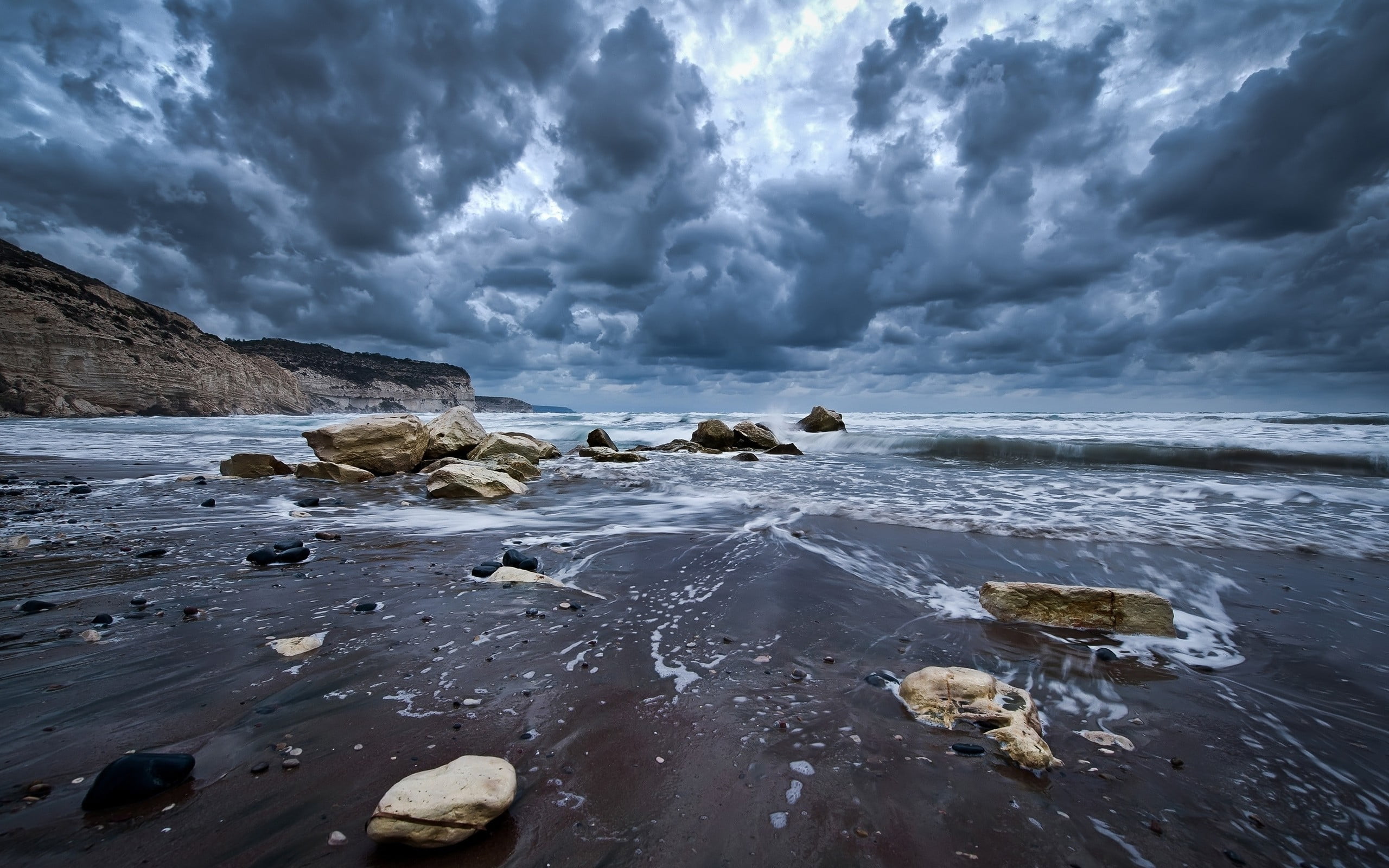 overcast, day, power in nature, beach, tank, sky, cloud - sky, fish, tranquil scene, sea, water, tranquility, no people, rock, rock - object, nature, solid, HD Wallpaper