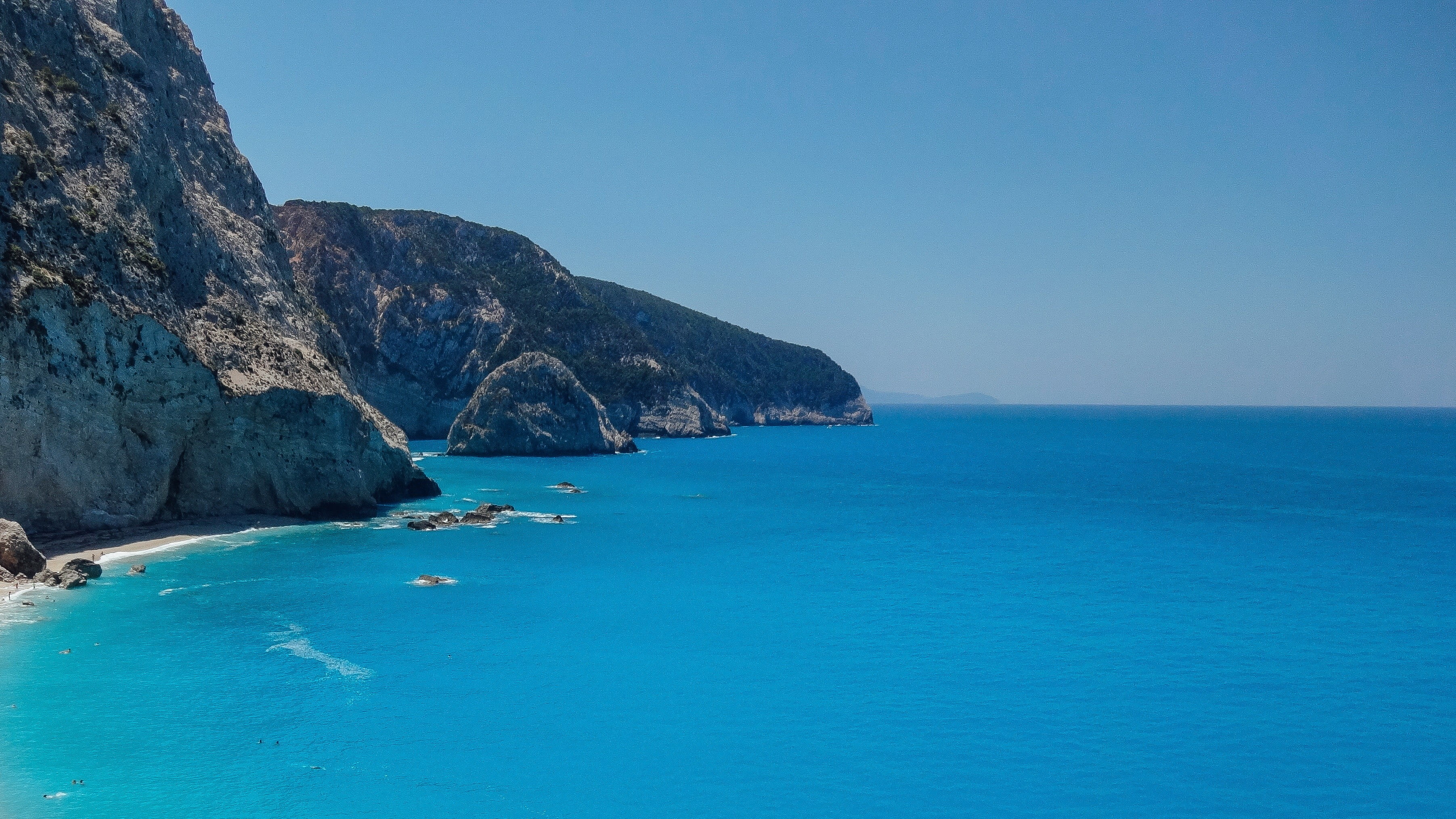 white, no people, black, horizon over water, blue, fish, bay, beauty in nature, turquoise colored, clear sky, cliff, tranquility, sky, horizon, outdoors, HD Wallpaper