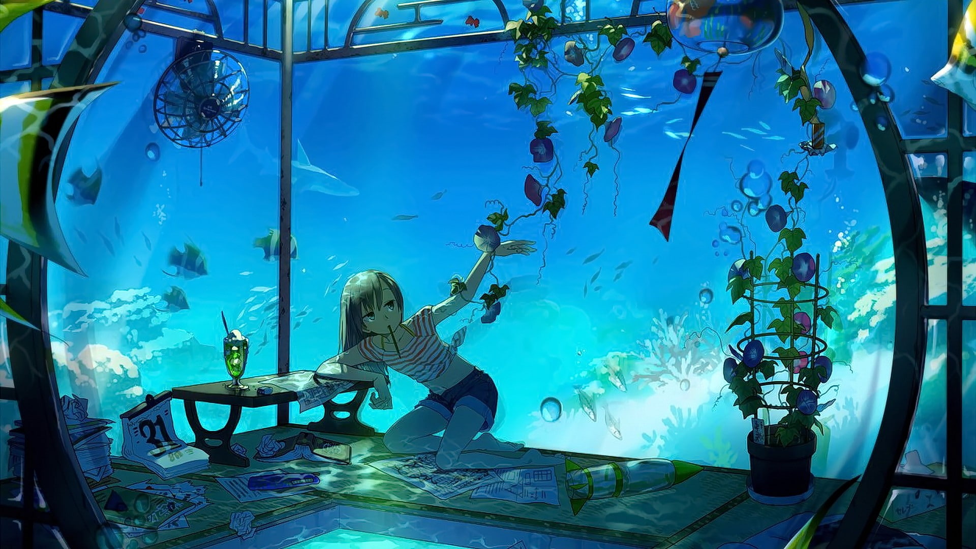 brunette, aquarium, transparent, indoors, sea, 1080P, tank, underwater, water, one person, anime girls, original characters, glass - material, animal wildlife, HD Wallpaper