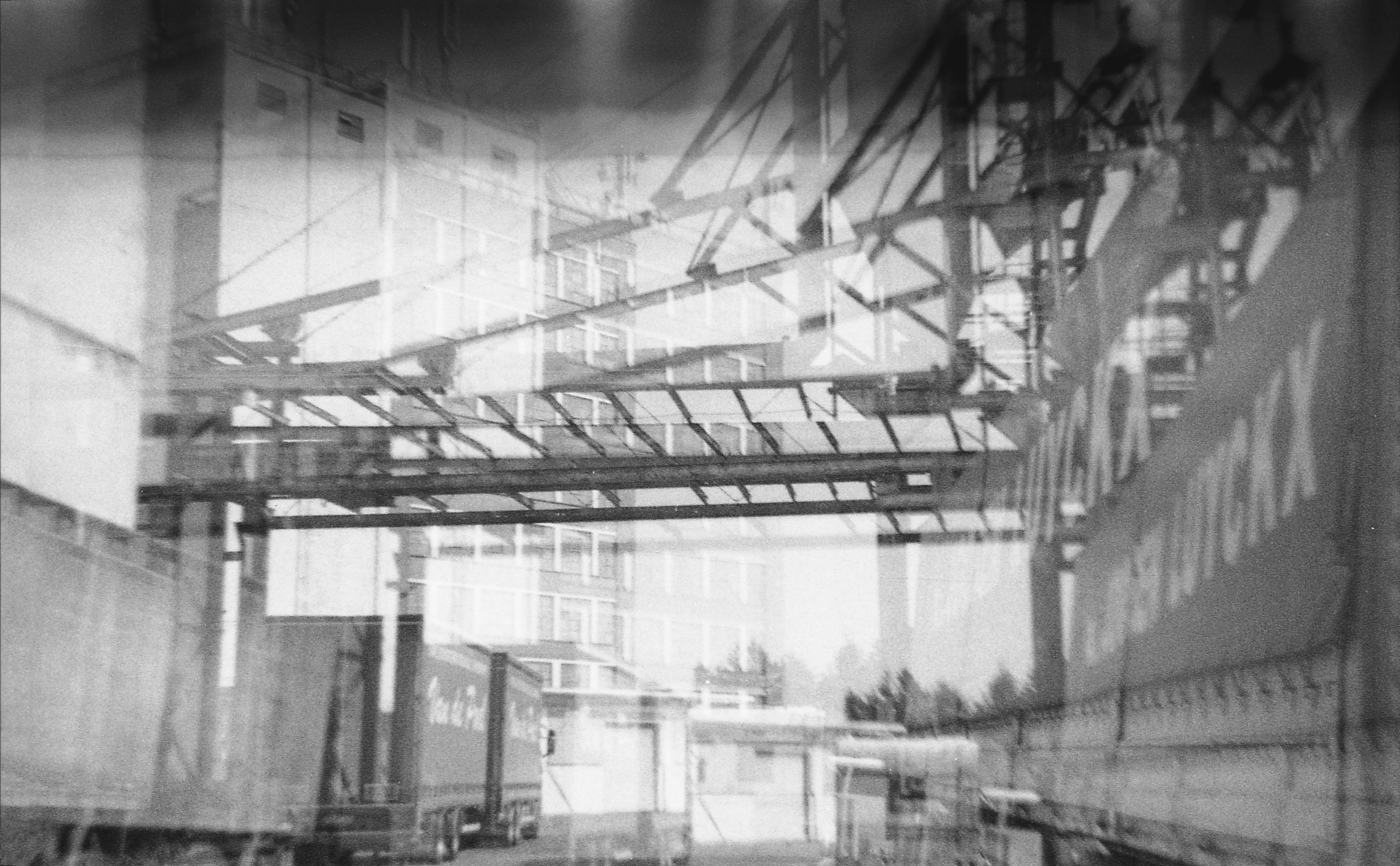 architecture, broken, 2K, double exposure, window, staircase, glass - material, building, lomography, black and white, turnhout, construction industry, HD Wallpaper