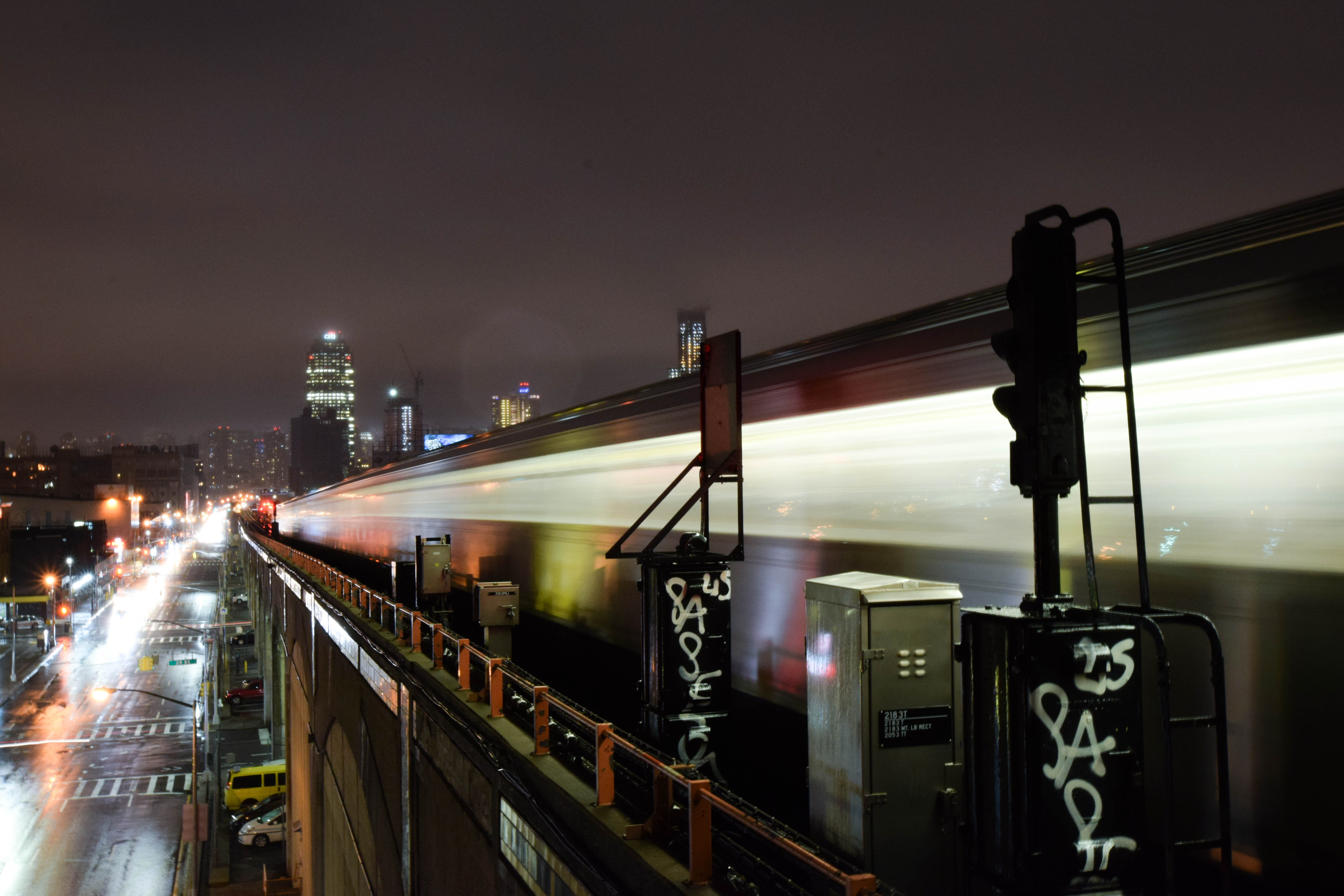 united states, transportation, design, nature, night, motion, on the move, fast, built structure, new york, lights, public transportation, background, bridge - man made structure, HD Wallpaper