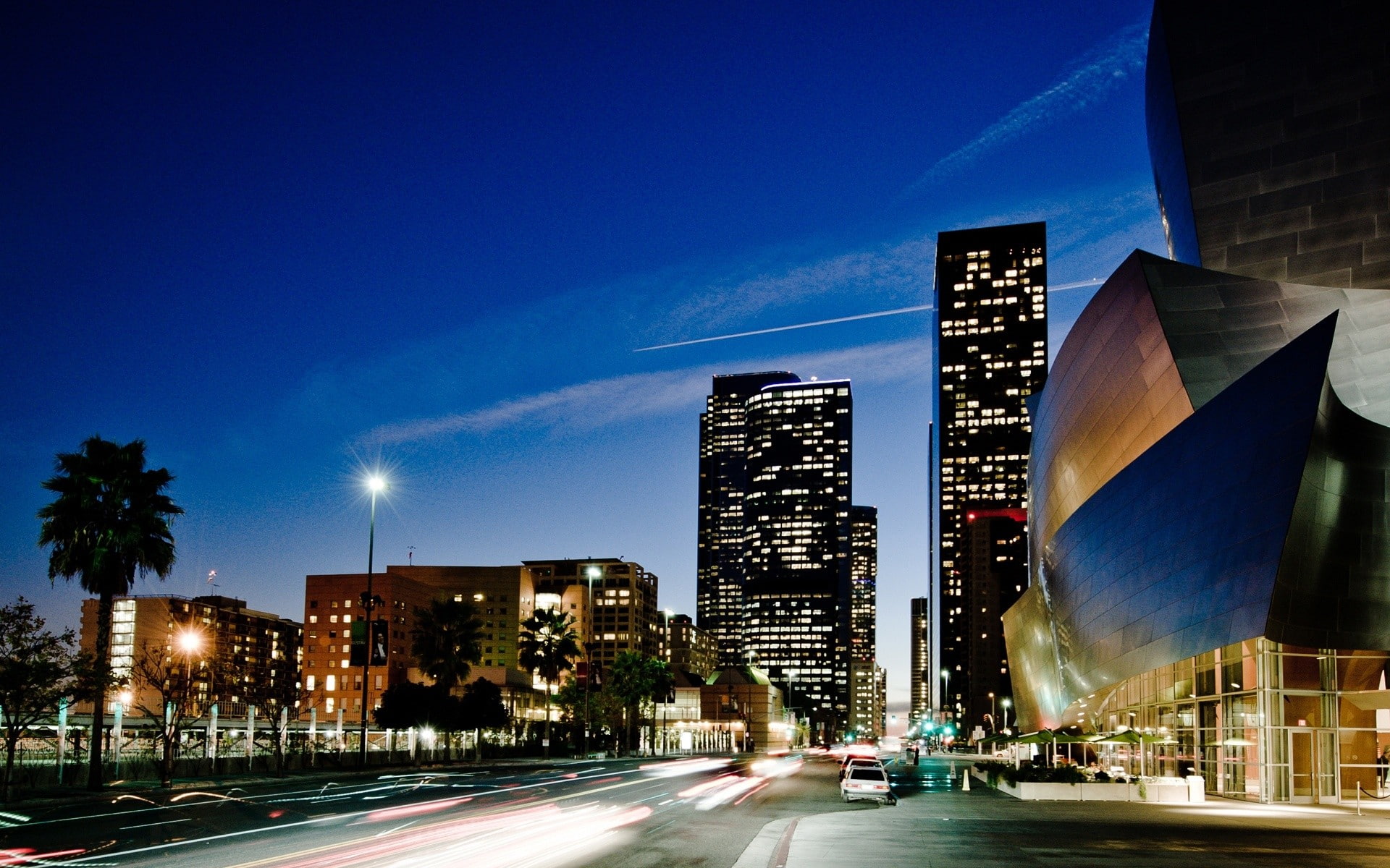 city, long exposure, light trails, 1080P, street, Los Angeles, architecture, HD Wallpaper