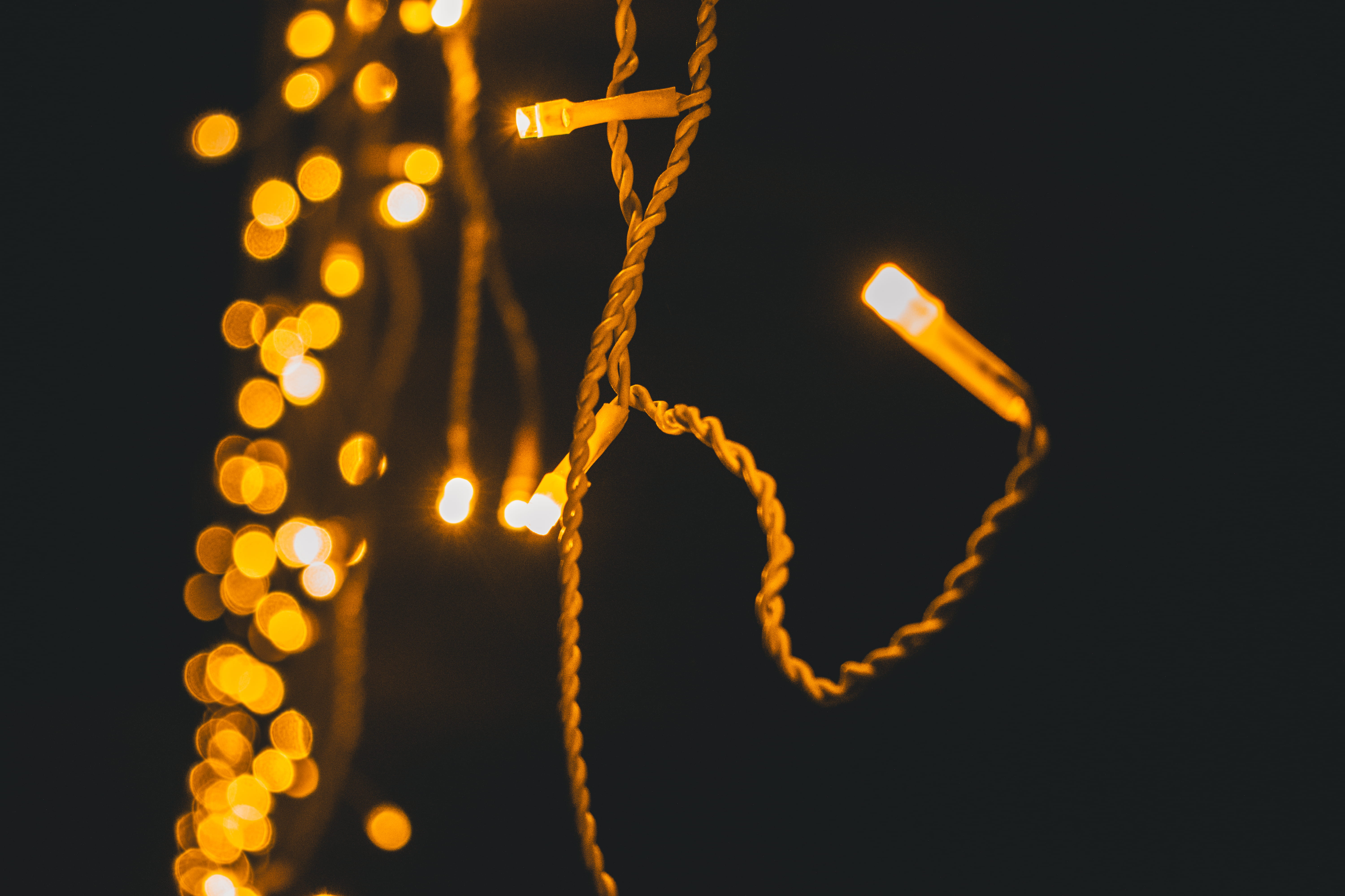 depth of field, photography, close-up, 5K, electricity, pattern, light bulb, black background, night, lights, lighting equipment, bokeh, decoration, light - natural phenomenon, HD Wallpaper