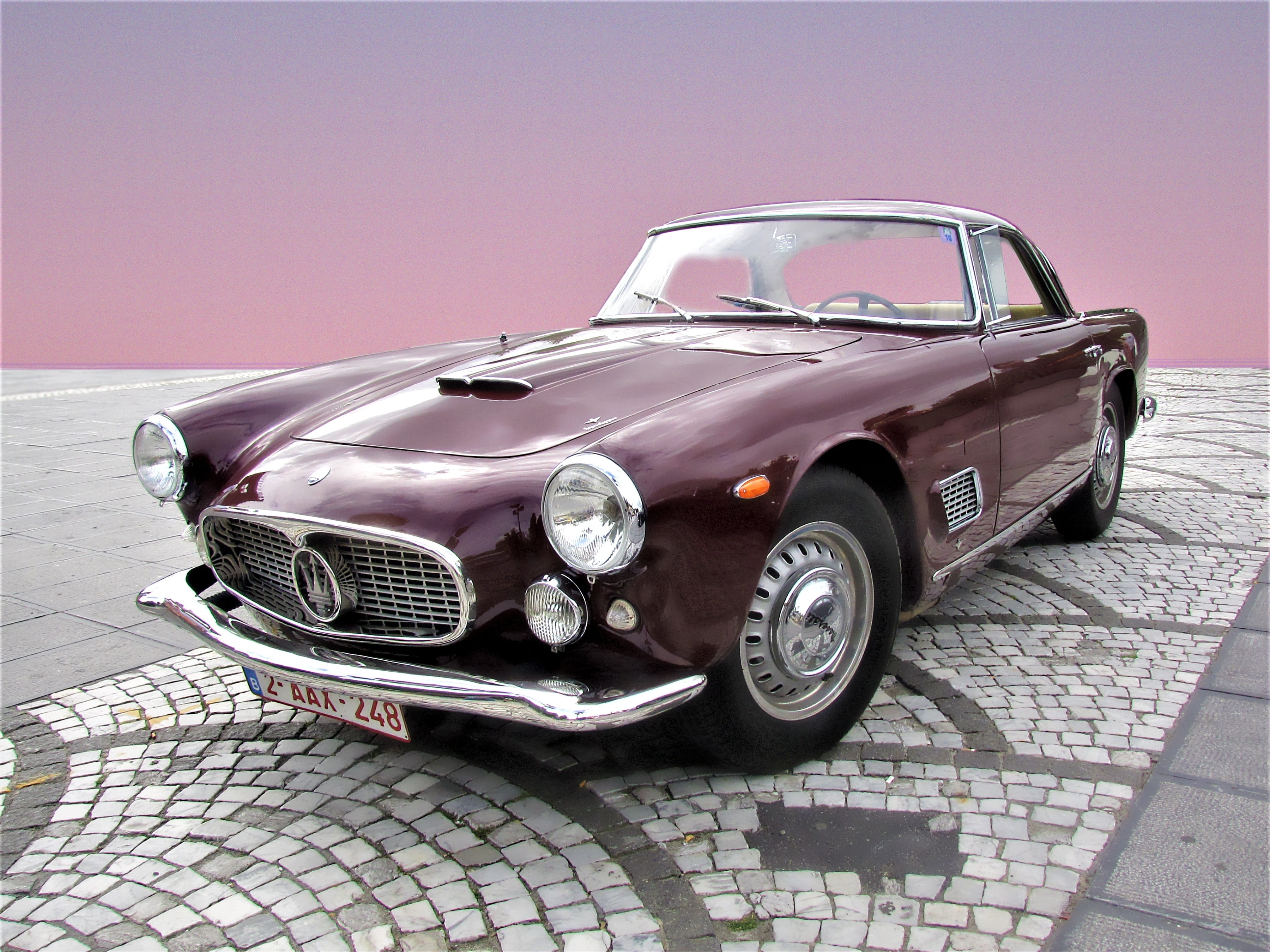 motor vehicle, day, old-fashioned, sports car, sky, stationary, luxury, automotive, Maserati, obsolete, purple, mode of Transport, Chrome, vintage Car, HD Wallpaper