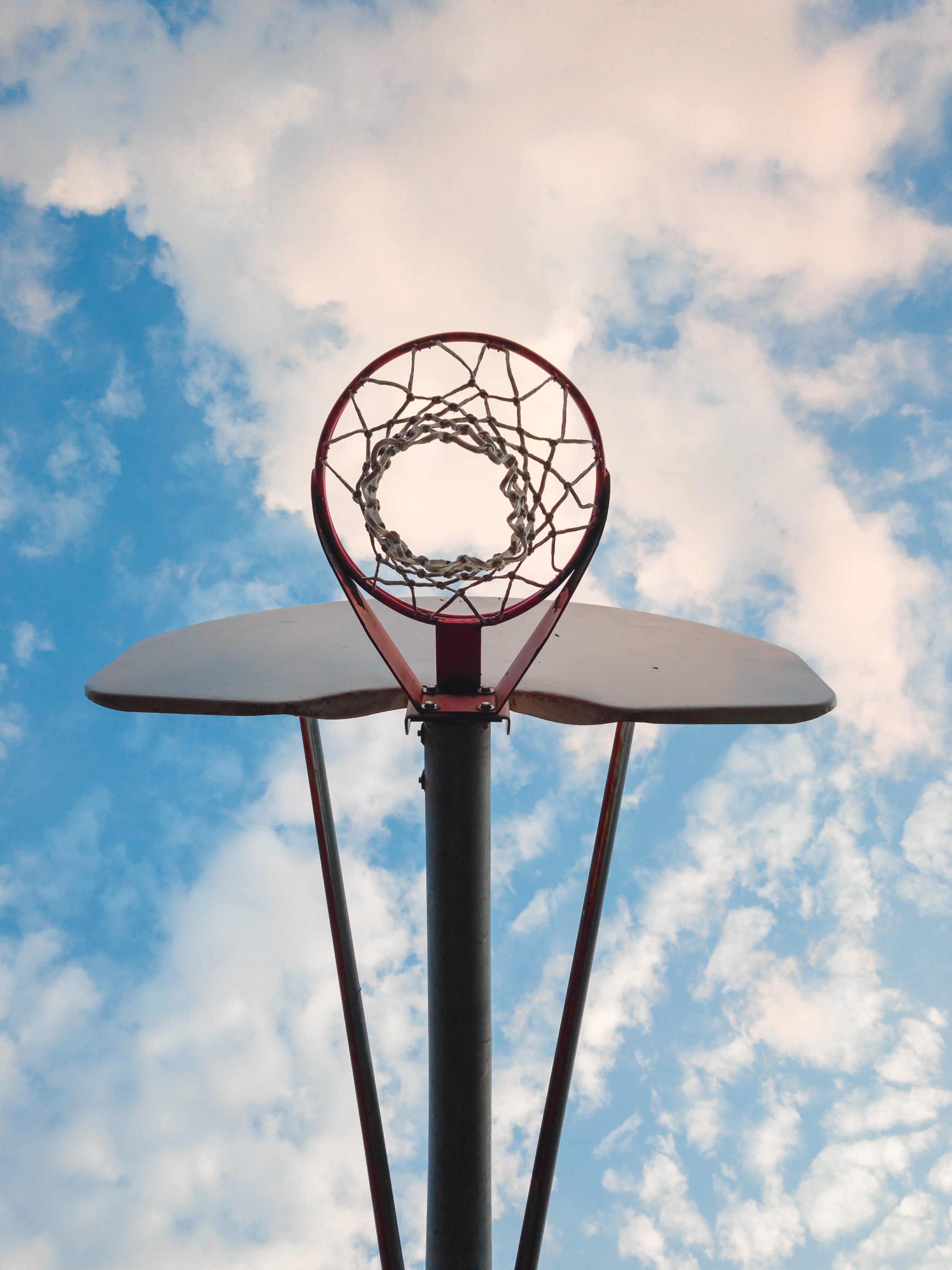 metal, low, net, angle, geometric shape, day, circle, basketball, 4K, lighting equipment, directly below, cloud - sky, no people, white, sport, photo, Phone HD Wallpaper